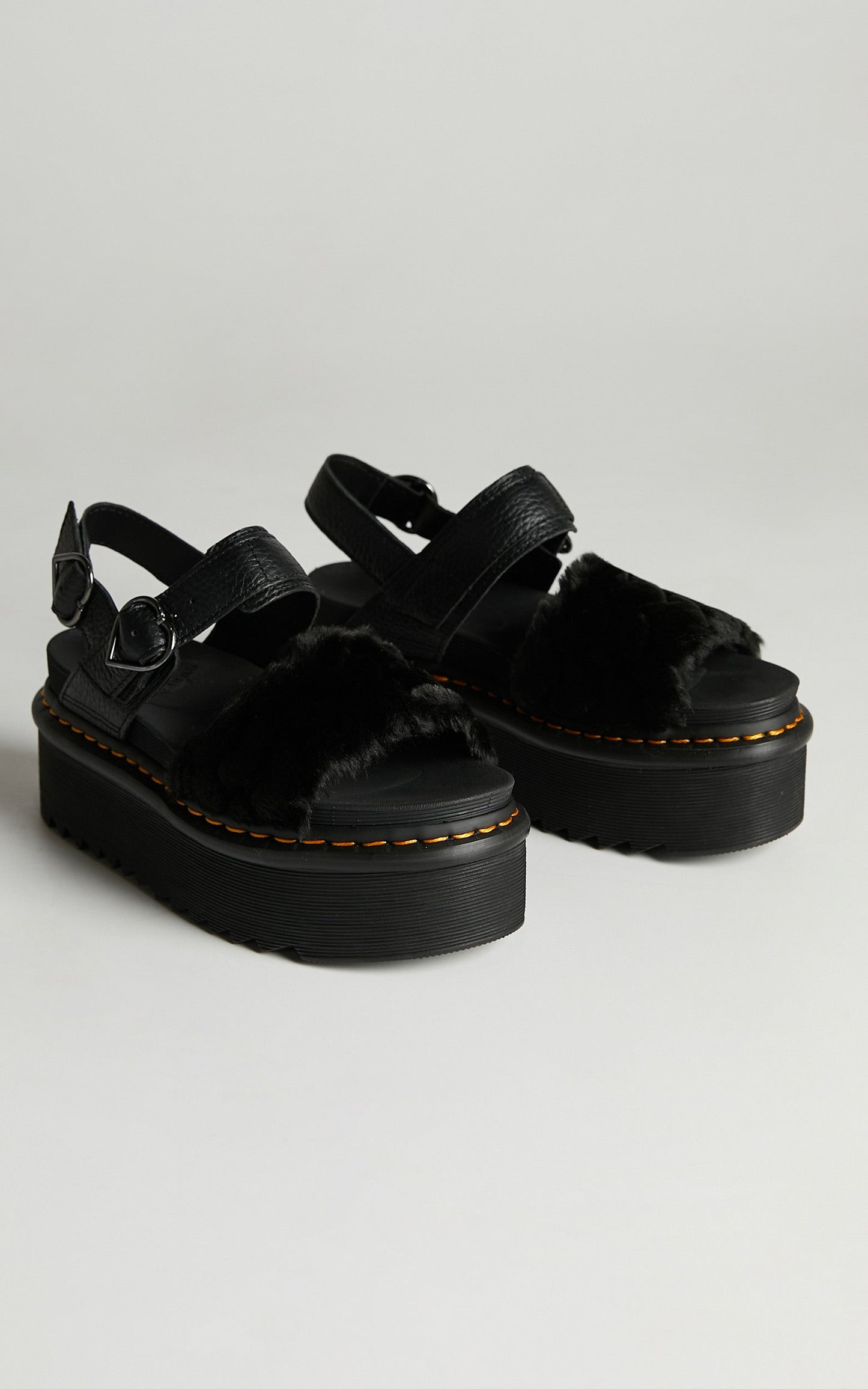 Dr. Martens - Voss Quad Fluffy Sandal in Black Faux Fur Heart + Milled Nappa