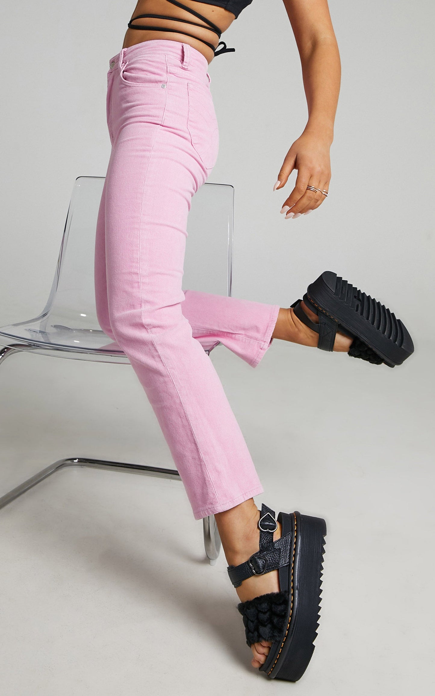 Dr. Martens - Voss Quad Fluffy Sandal in Black Faux Fur Heart + Milled Nappa