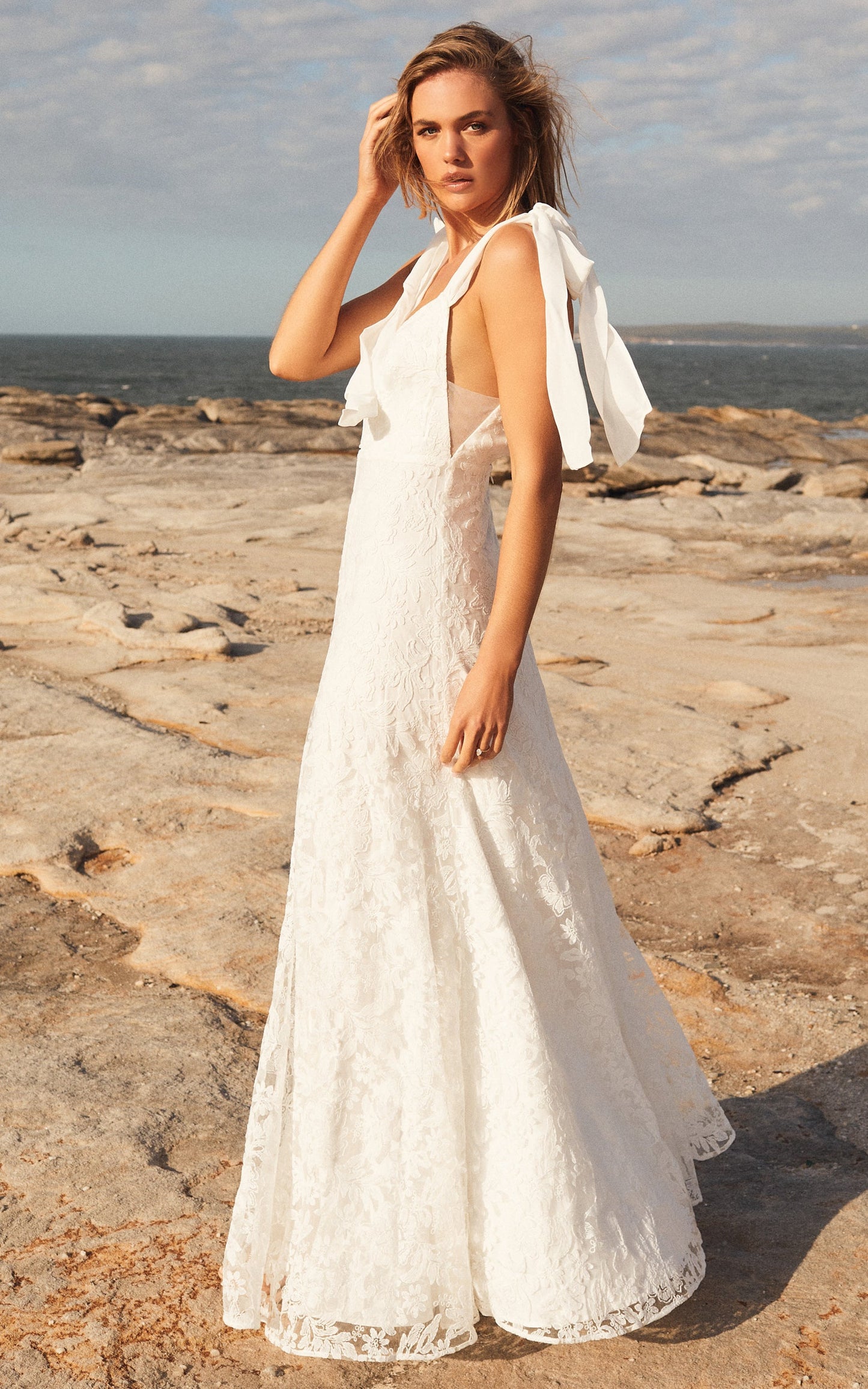 Petunia Gown - Tie Shoulder Plunge Neck Lace Gown in Ivory