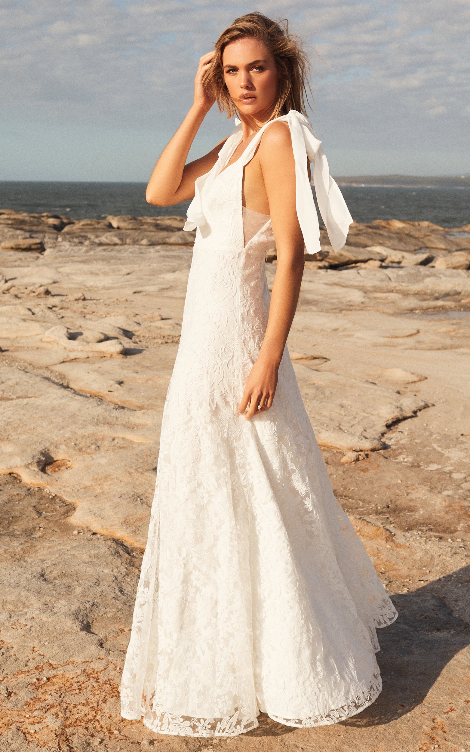 Petunia Gown - Tie Shoulder Plunge Neck Lace Gown in Ivory