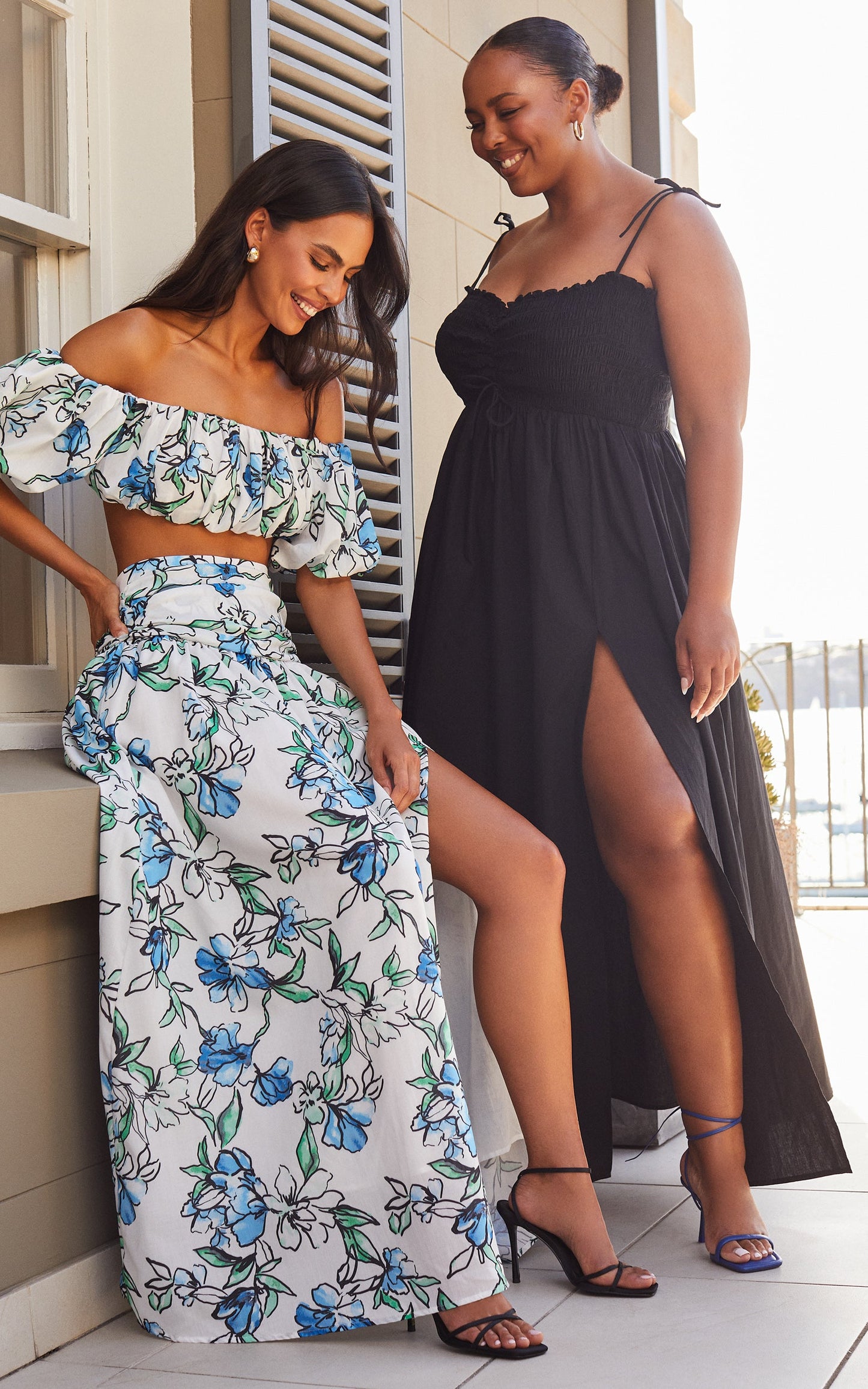 Alezia Two Piece Set - Off Shoulder Crop Top and Gathered Waist Midi Skirt in Brush Stroke Floral
