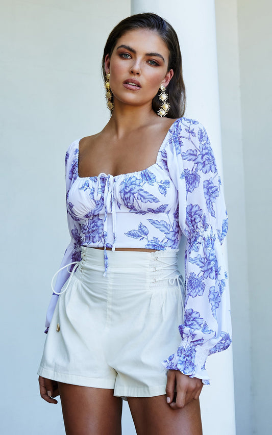 Zonya Top - Tie Front Long Sleeve Blouse in Blue Silhouette Floral