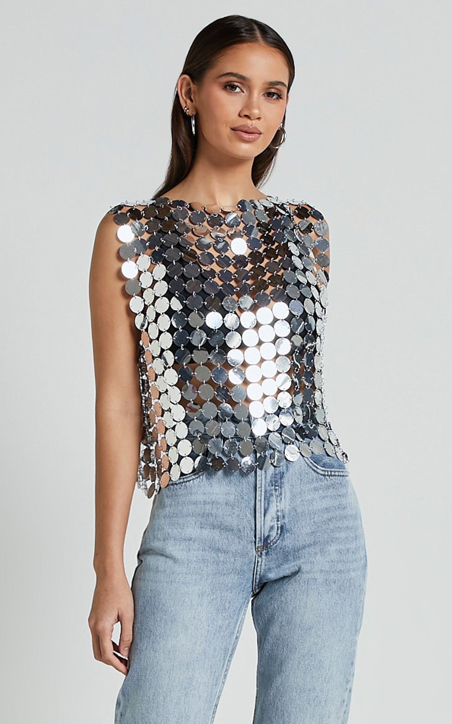Beatrix Top - Circle Sequin Sleeveless Crop Top in Silver
