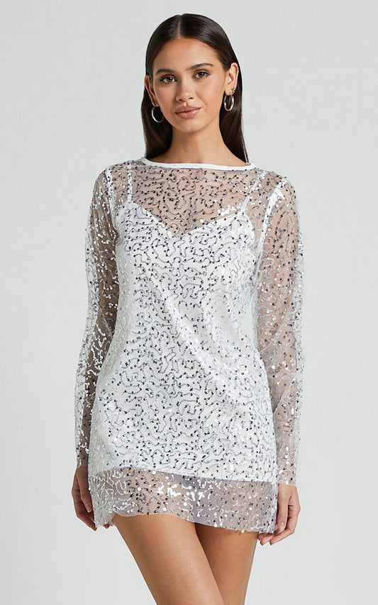 Calissa Mini Dress - Long Sleeve Sequin Mesh Dress in White