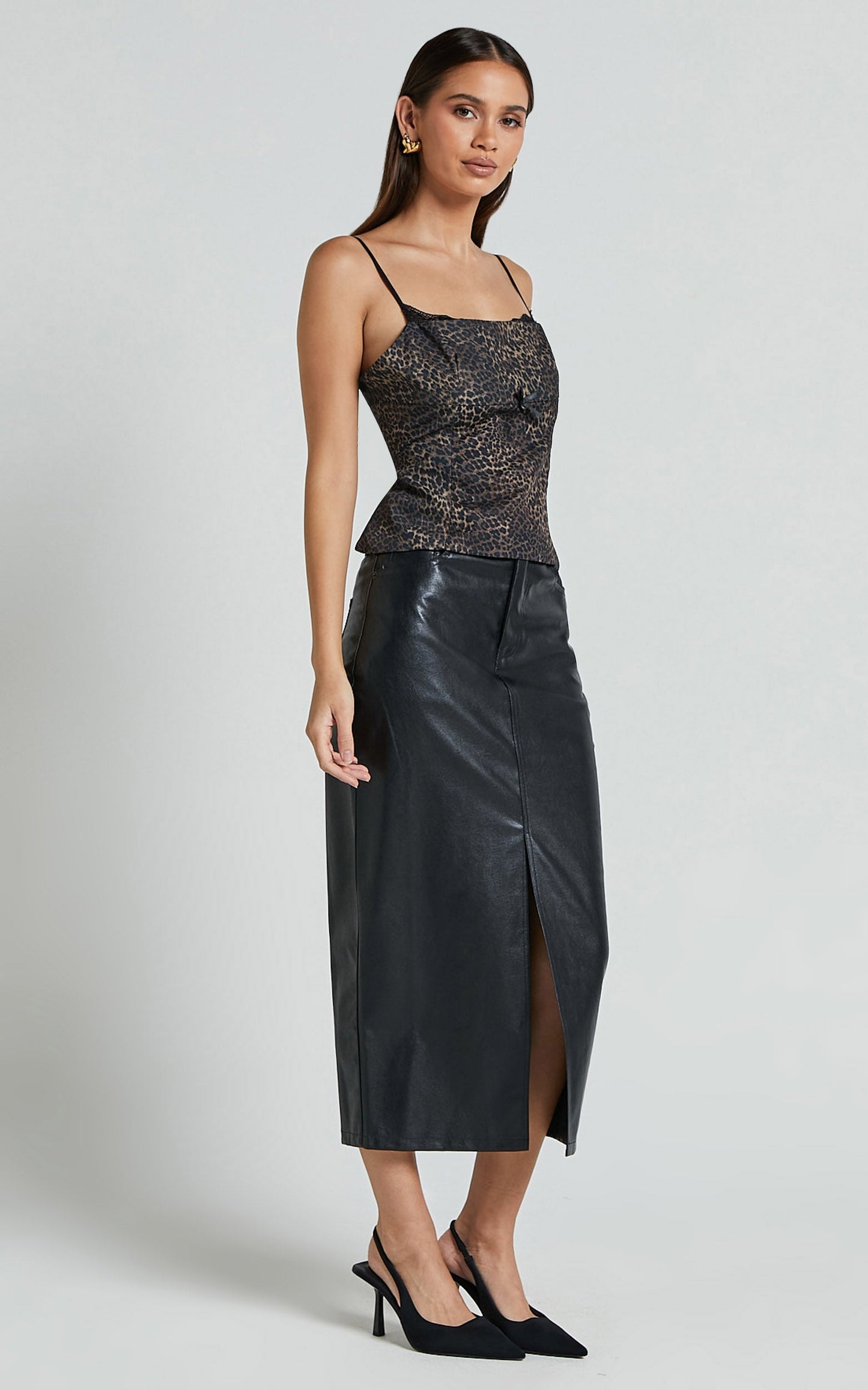 Jada Cami - Straight Neck Panelled Top With Lace Detail in Leopard