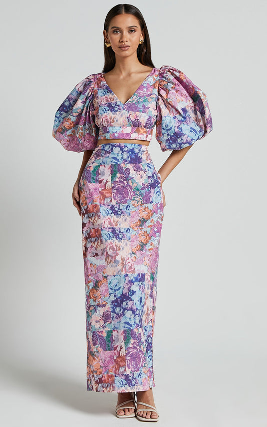 Kimberly Two Piece Set - Puff Sleeve Crop Top and High Waist Midi Skirt in Vintage Garden Print B