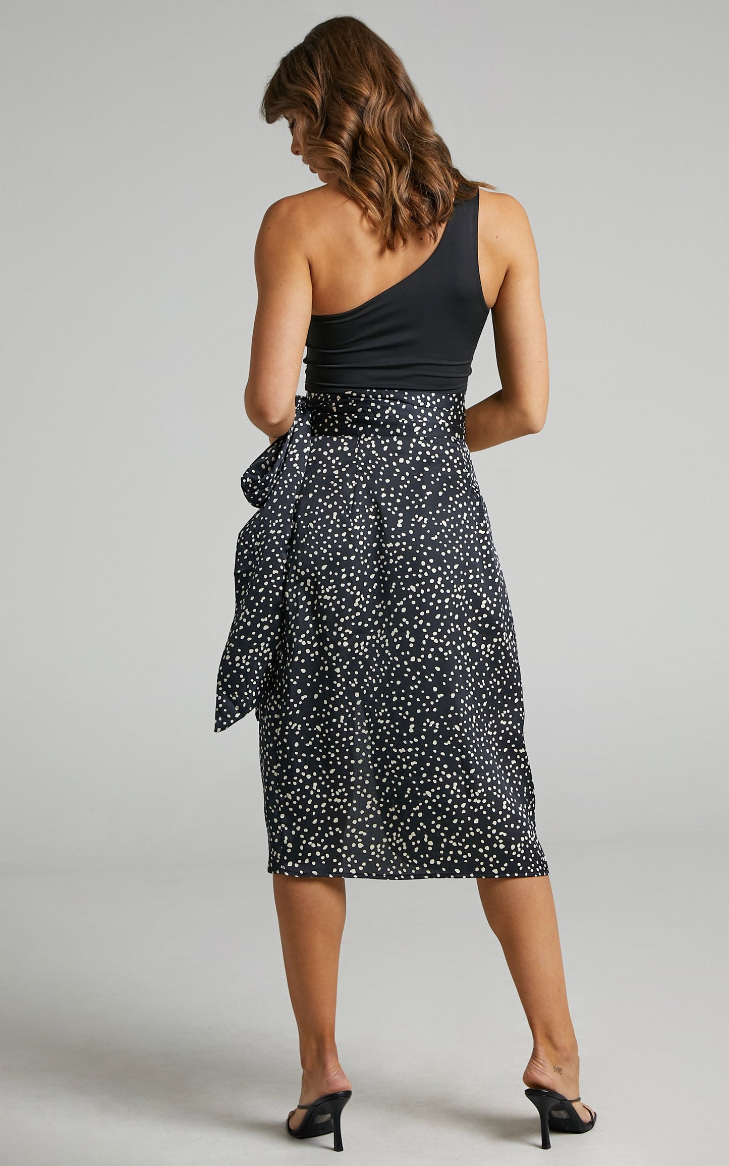 Colac Printed Functional Wrap Skirt With Leg Slit in Black Spot