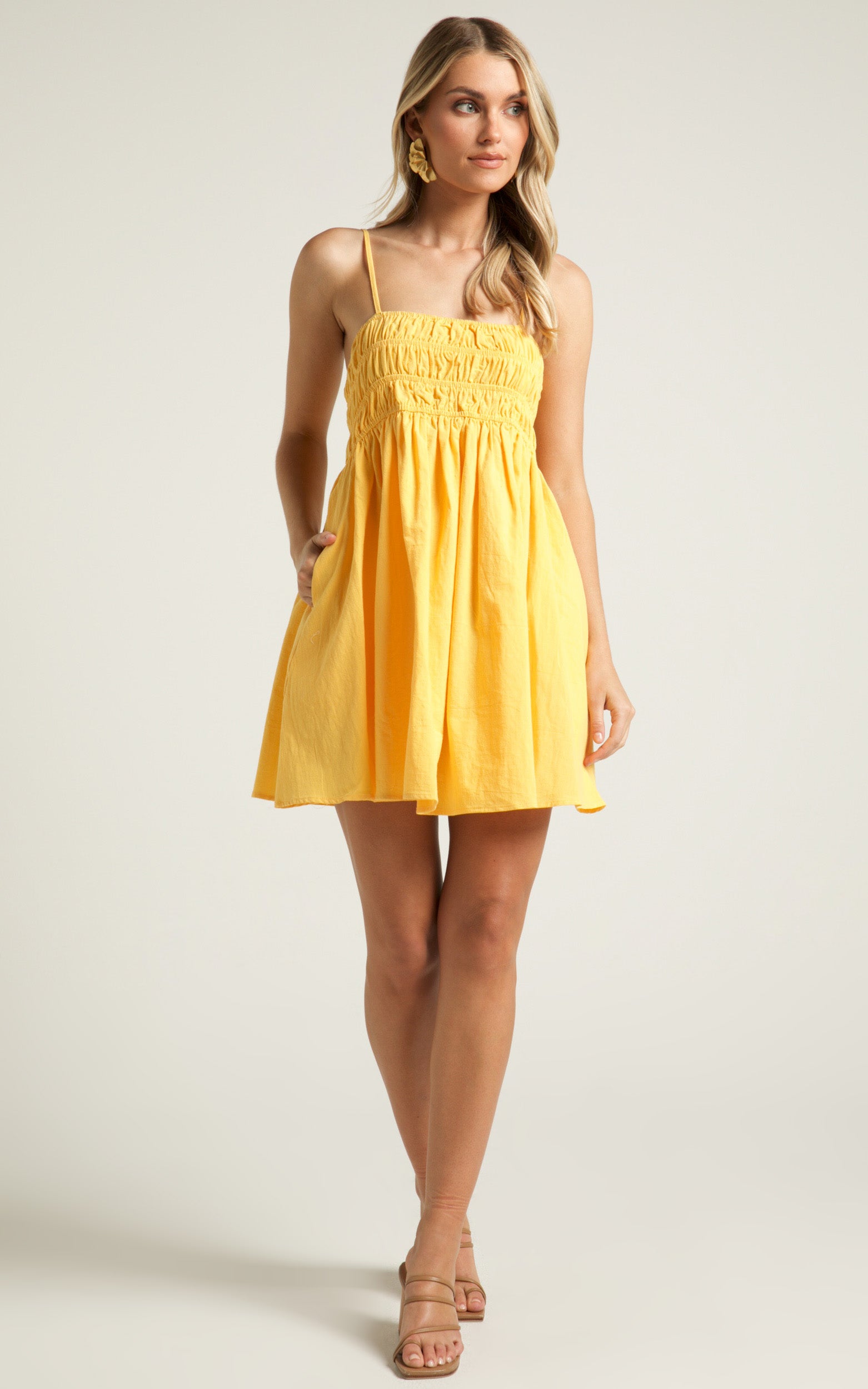 Aicee Mini Dress - Strappy Straight Neck Elastic Bodice in Yellow