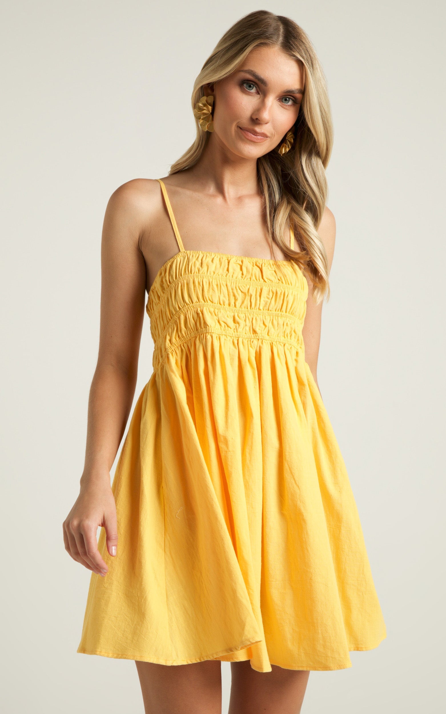 Aicee Mini Dress - Strappy Straight Neck Elastic Bodice in Yellow