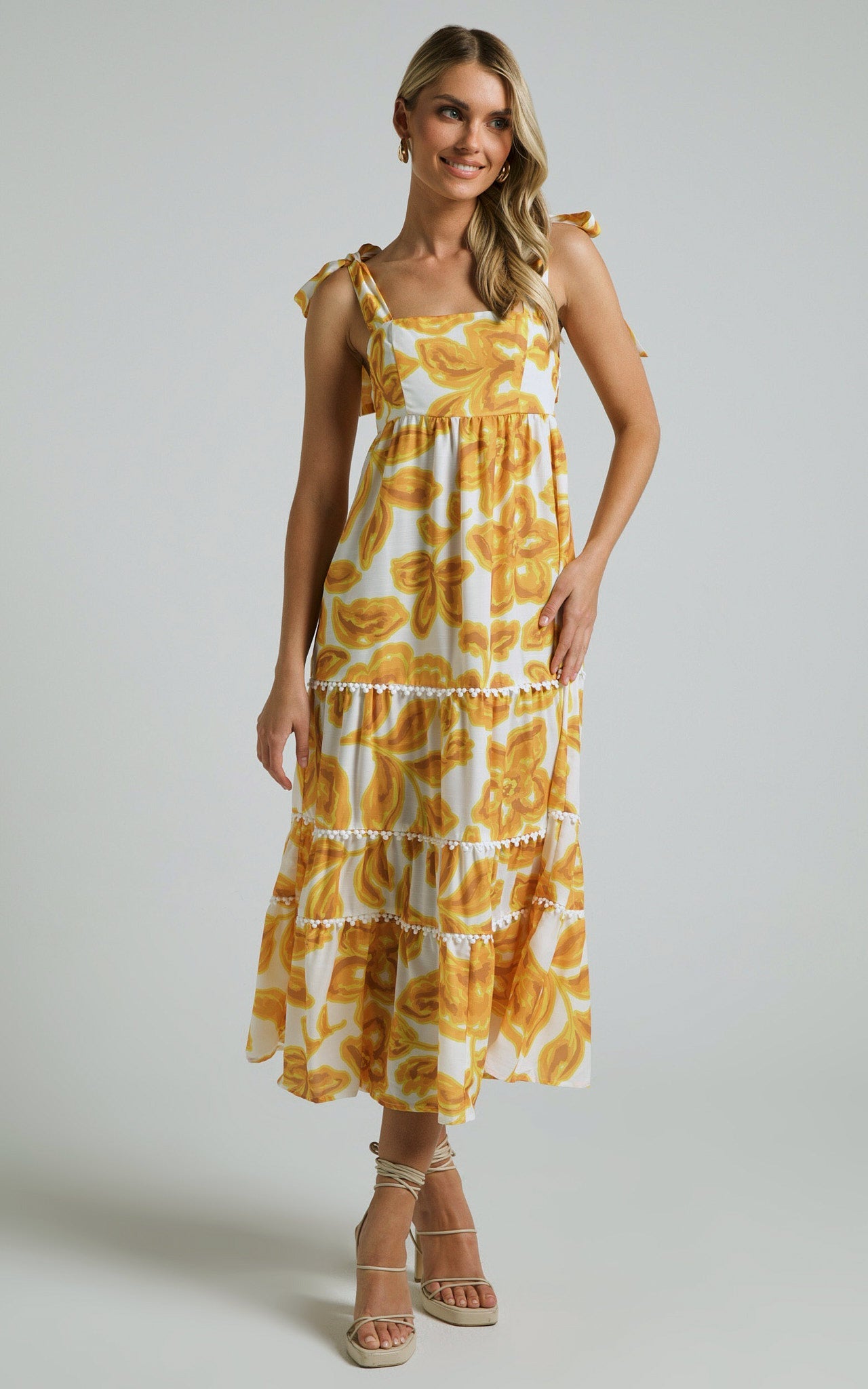 Aleka Maxi Dress - Tie Up Wide Strap Tiered Dress in Sunshine Floral