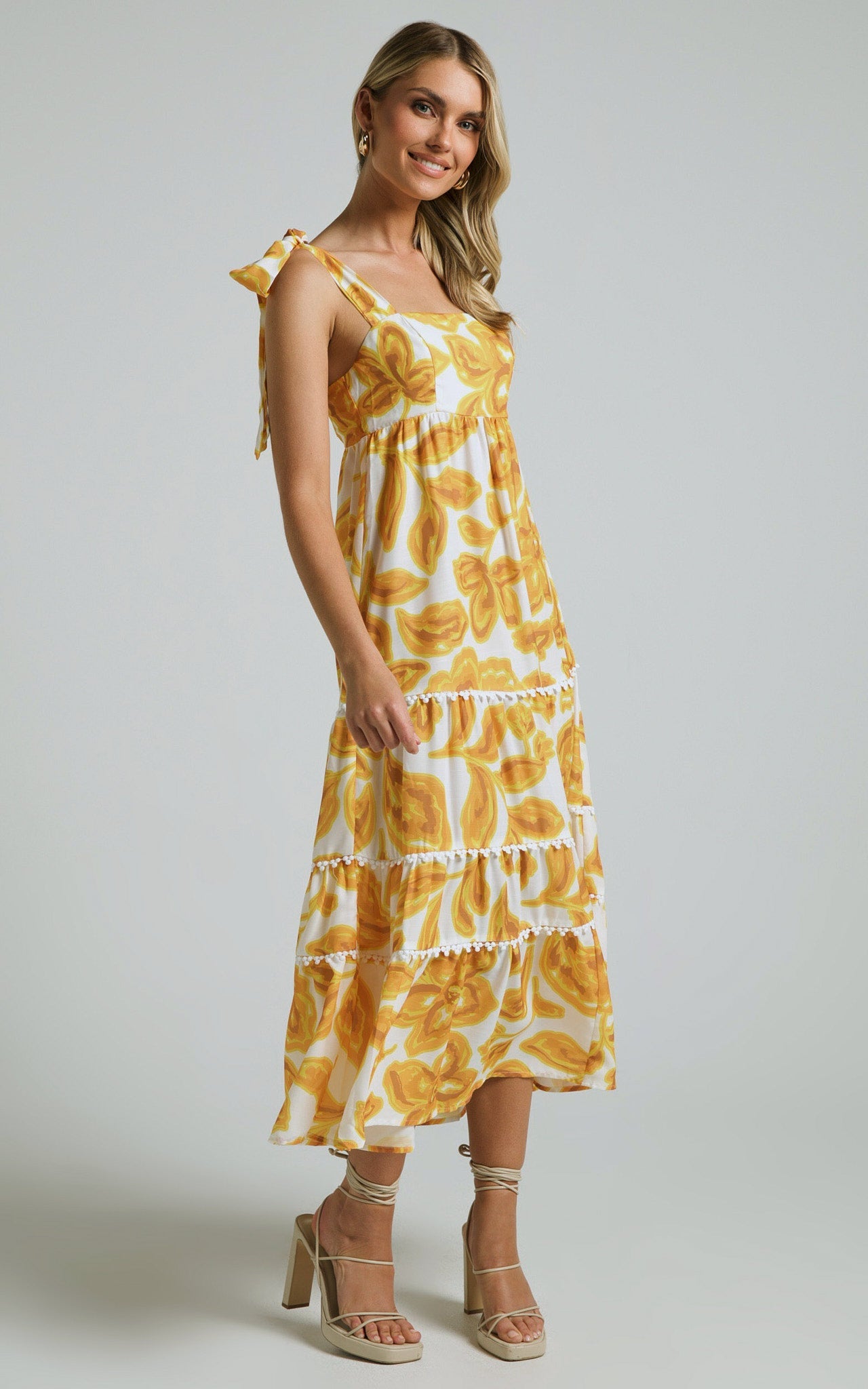 Aleka Maxi Dress - Tie Up Wide Strap Tiered Dress in Sunshine Floral