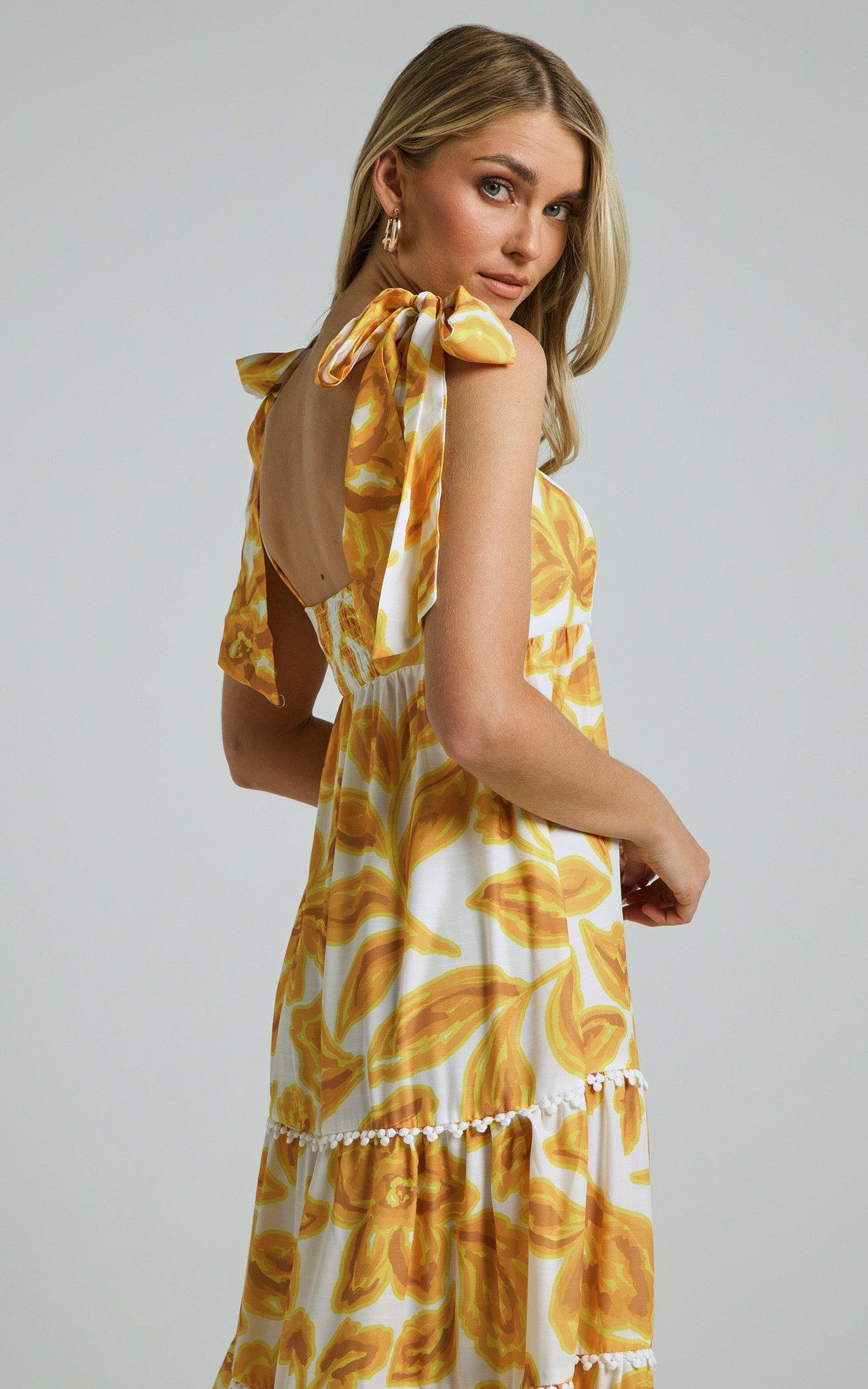 Aleka Maxi Dress - Tie Up Wide Strap Tiered Dress in Sunshine Floral