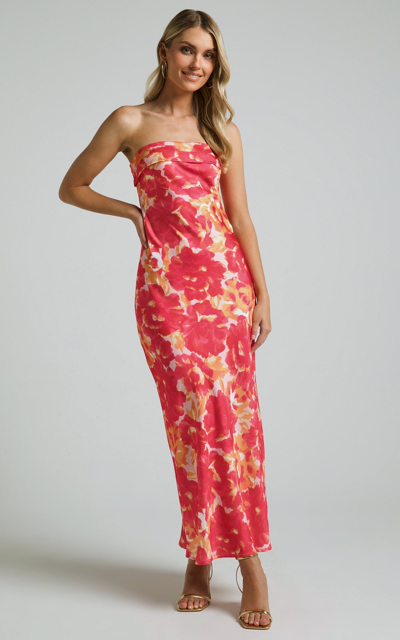 Belle Midi Dress - Strapless Satin Dress in Pink and Red Floral