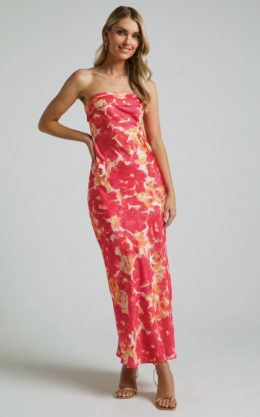 Belle Midi Dress - Strapless Satin Dress in Pink and Red Floral