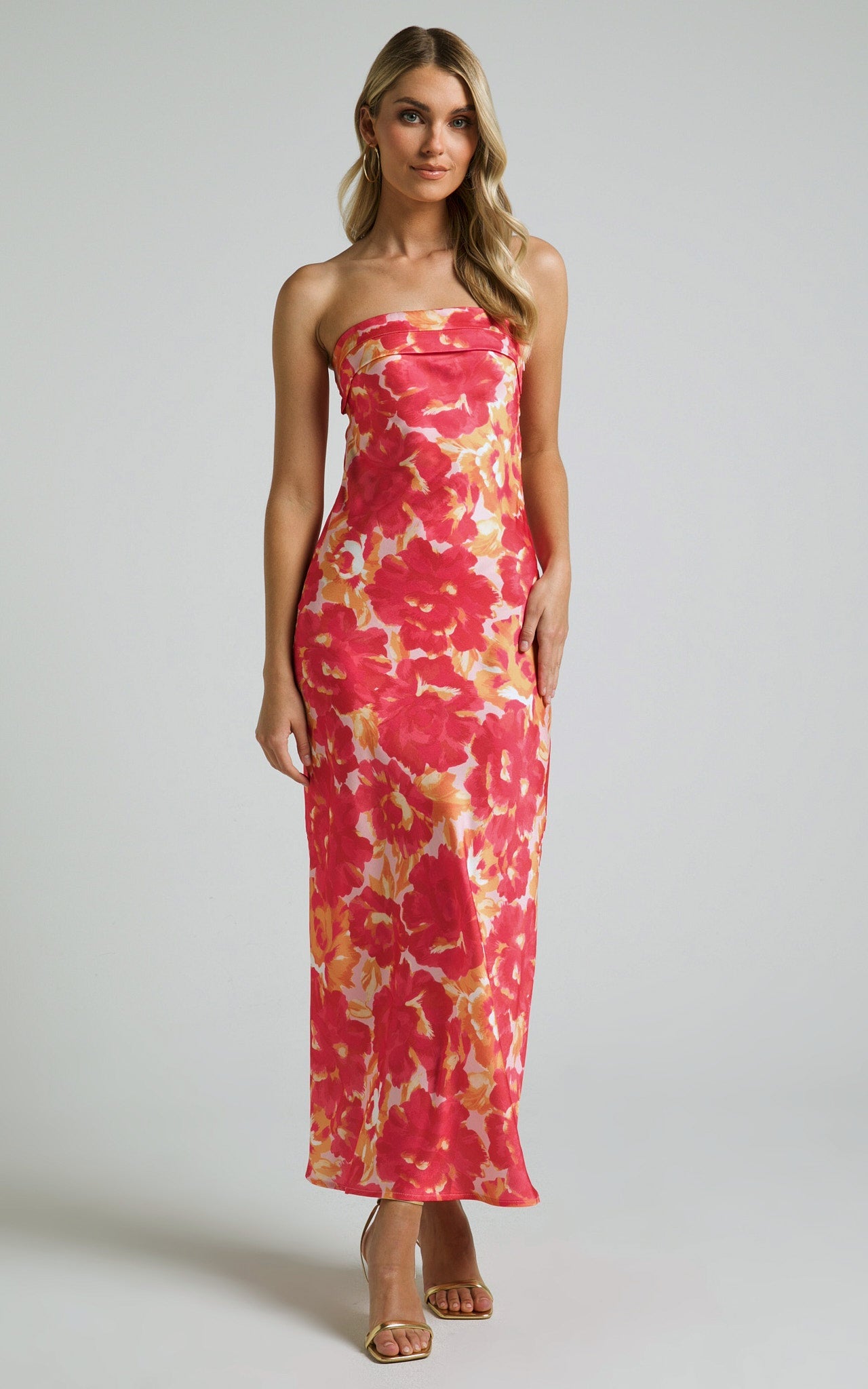 Belle Midi Dress - Strapless Satin Dress in Pink and Red Floral