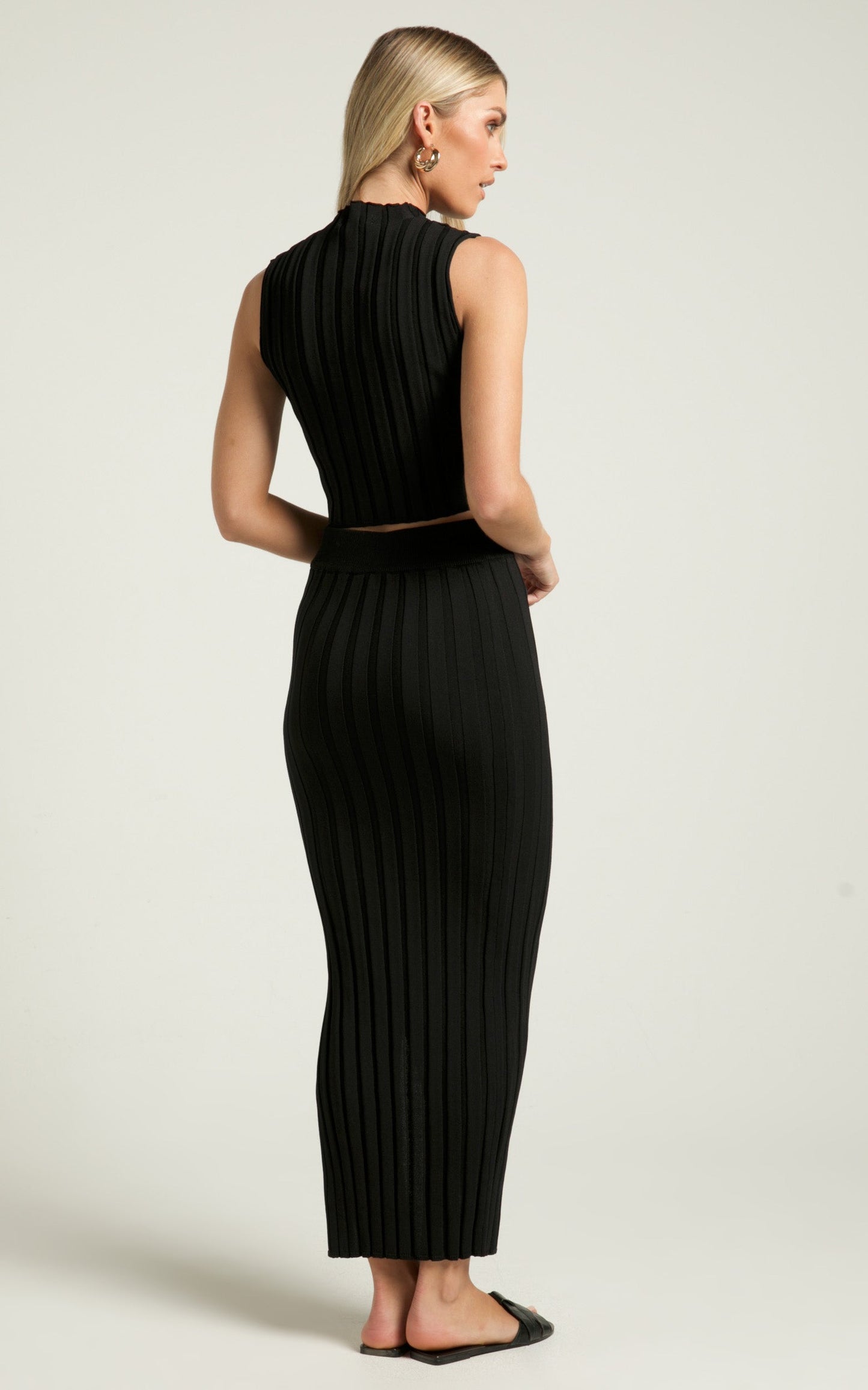 Casper Two Piece Set - Knitted Sleeveless High Neck Top and Side Split Midi Skirt in Black