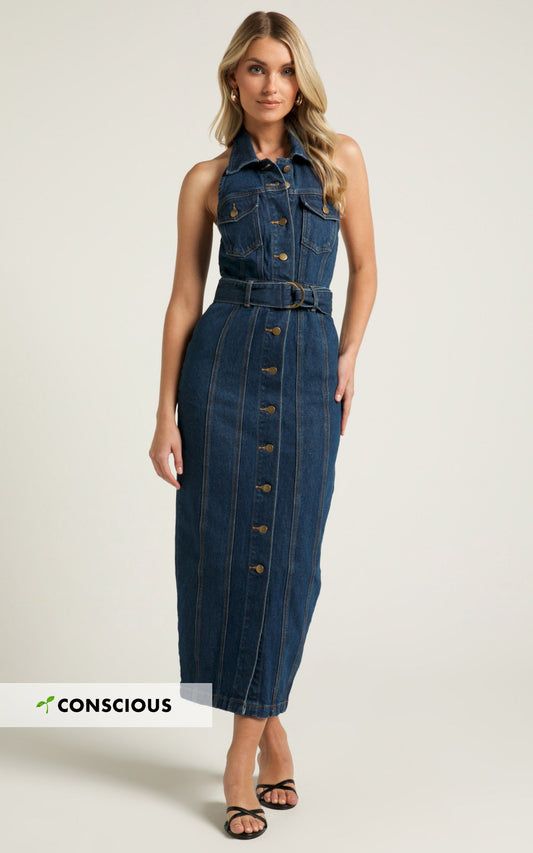 Dubai Denim Midi Dress - Sleeveless Collared Halter Neck in Dark Wash