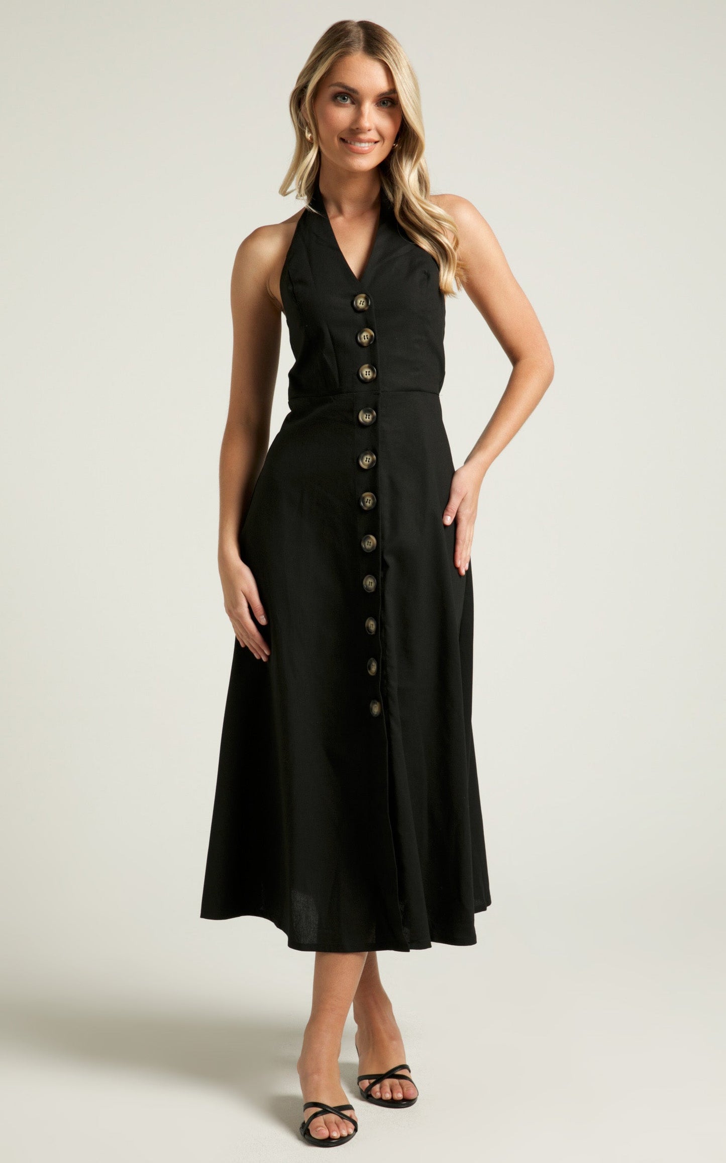Hermosa Maxi Dress - Linen Button Through Halter Neck A Line Dress in Black