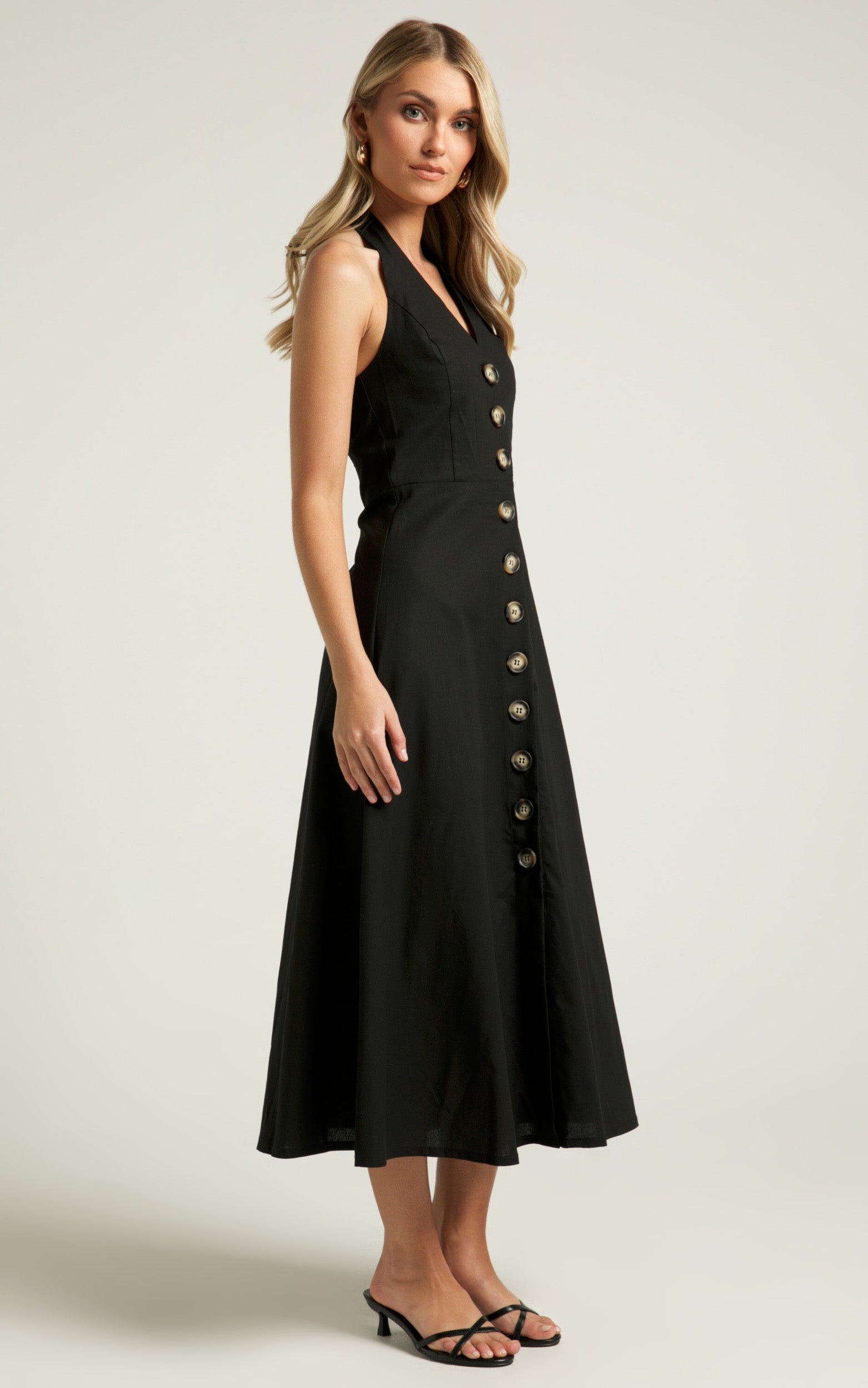 Hermosa Maxi Dress - Linen Button Through Halter Neck A Line Dress in Black