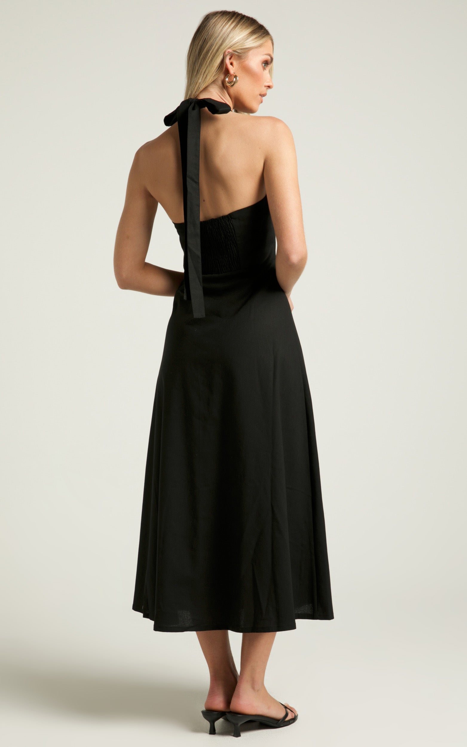 Hermosa Maxi Dress - Linen Button Through Halter Neck A Line Dress in Black