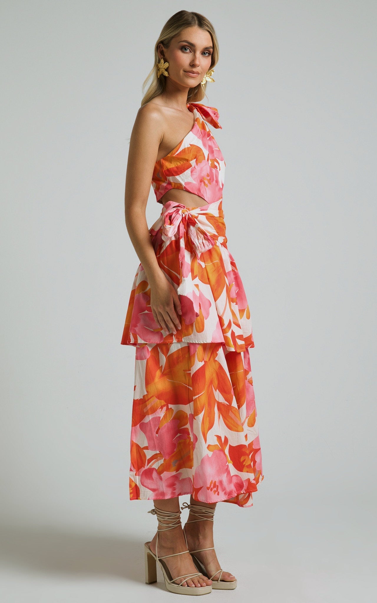 Honolulu Midi Dress - One Shoulder Tiered Dress in Orange Floral