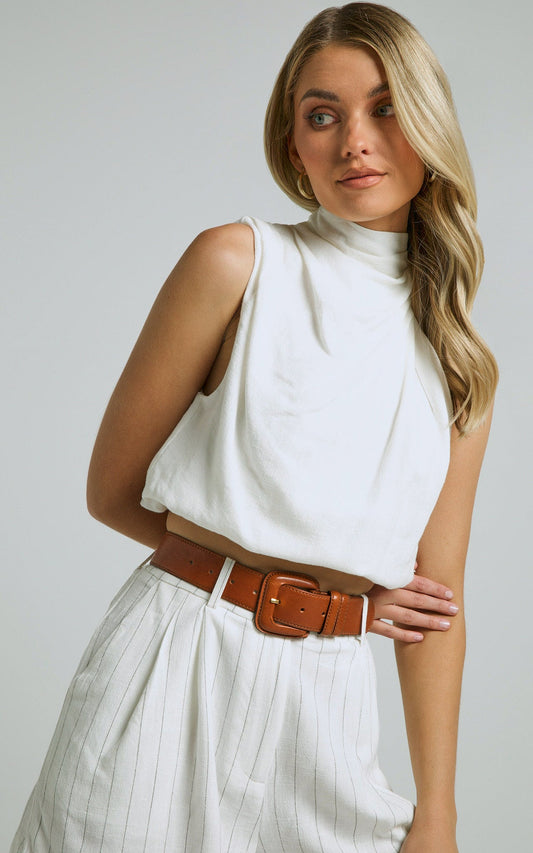 Jannita Top - Linen High Neck Asymmetric Shoulder Crop Top in Off White