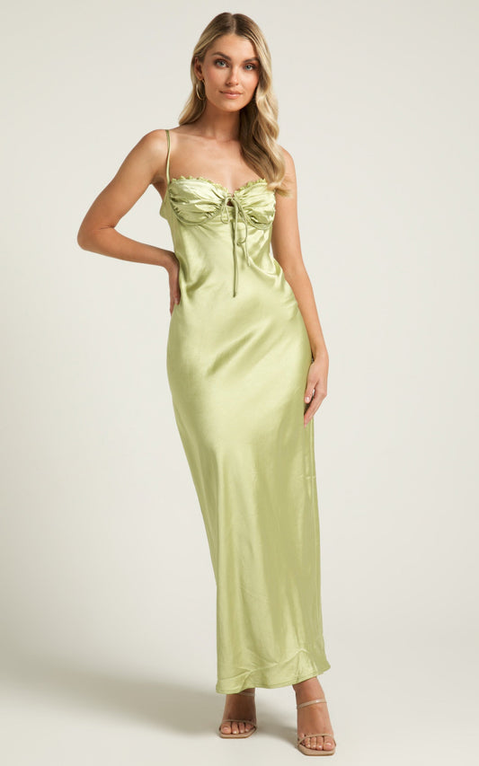 Jas Midi Dress - Ruched Bust Satin Dress in Citris