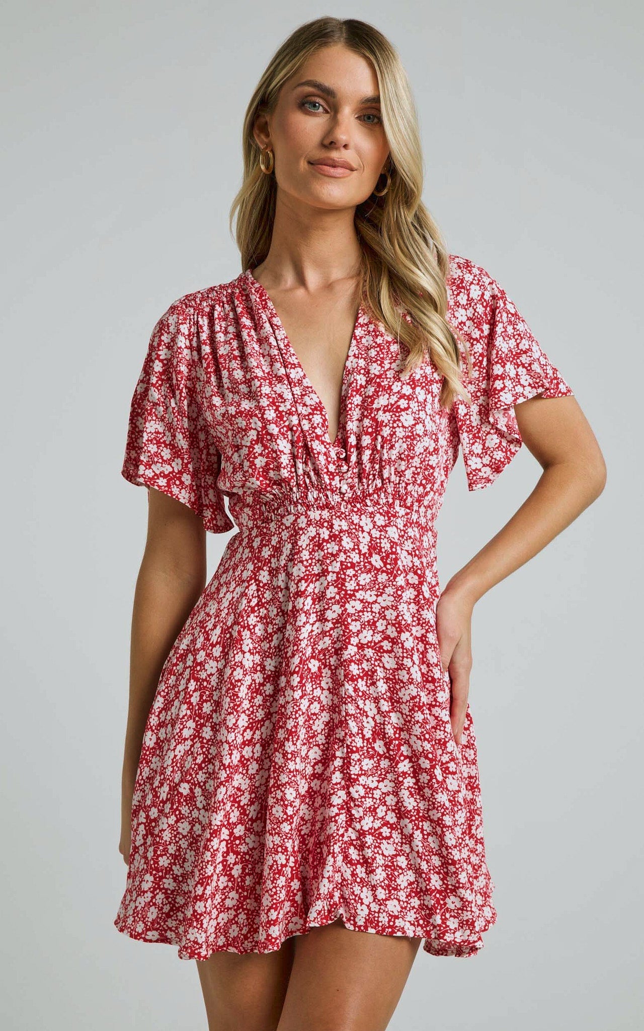 Kharry Mini Dress - Button Through Short Flutter Sleeve Waist Tie in Red Floral