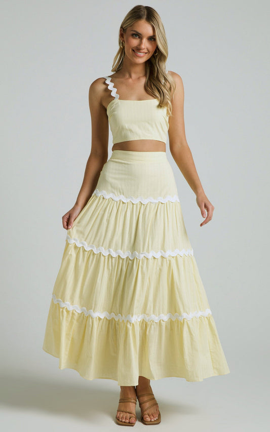 Loizella Two Piece Set - Sleeveless Crop Top and Maxi Skirt Two Piece Set in Yellow