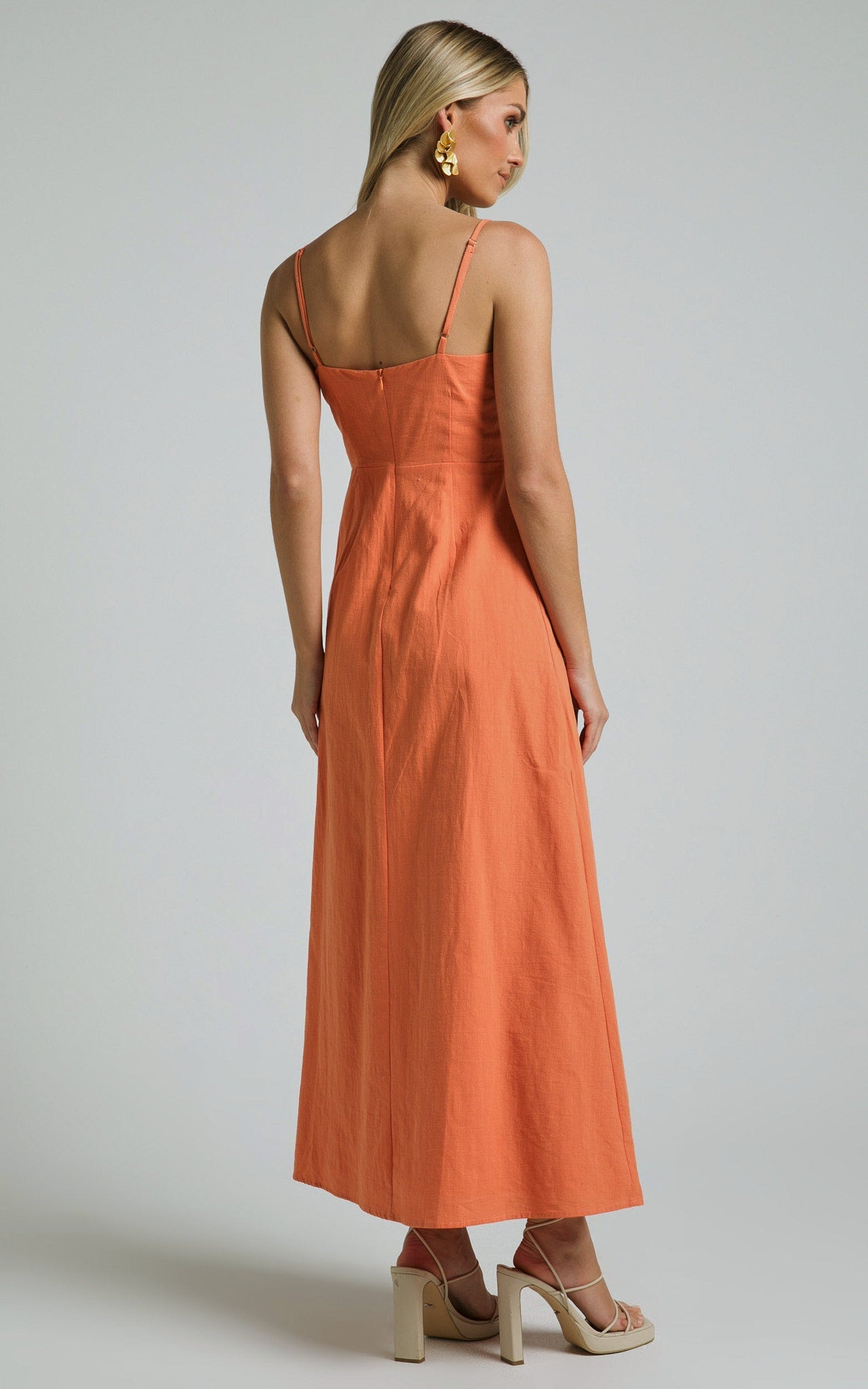 Marsha Midi Linen Blend Dress - High Split Slip Dress in Orange