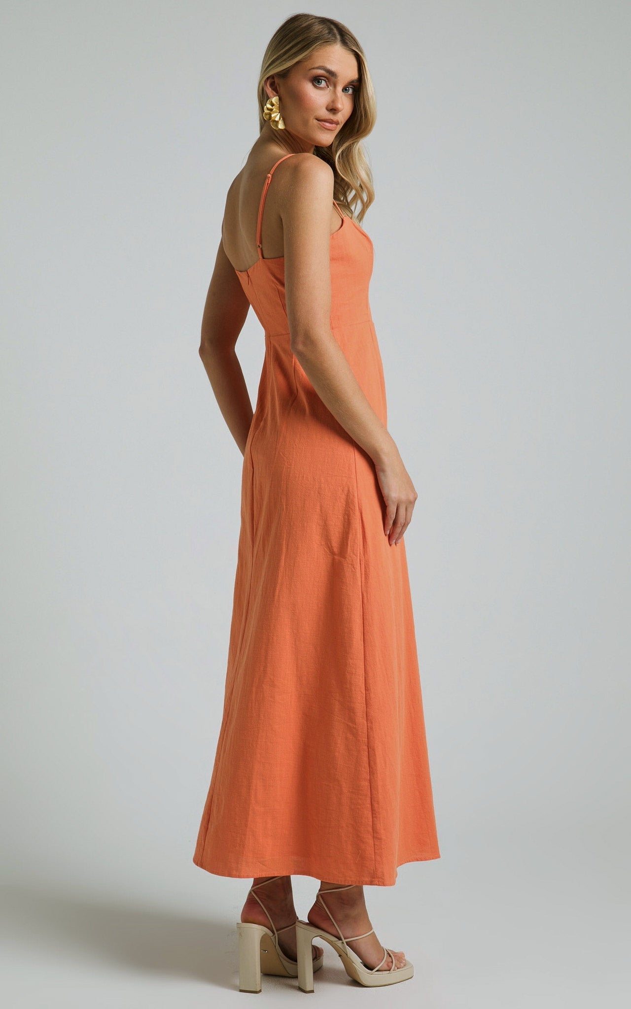 Marsha Midi Linen Blend Dress - High Split Slip Dress in Orange