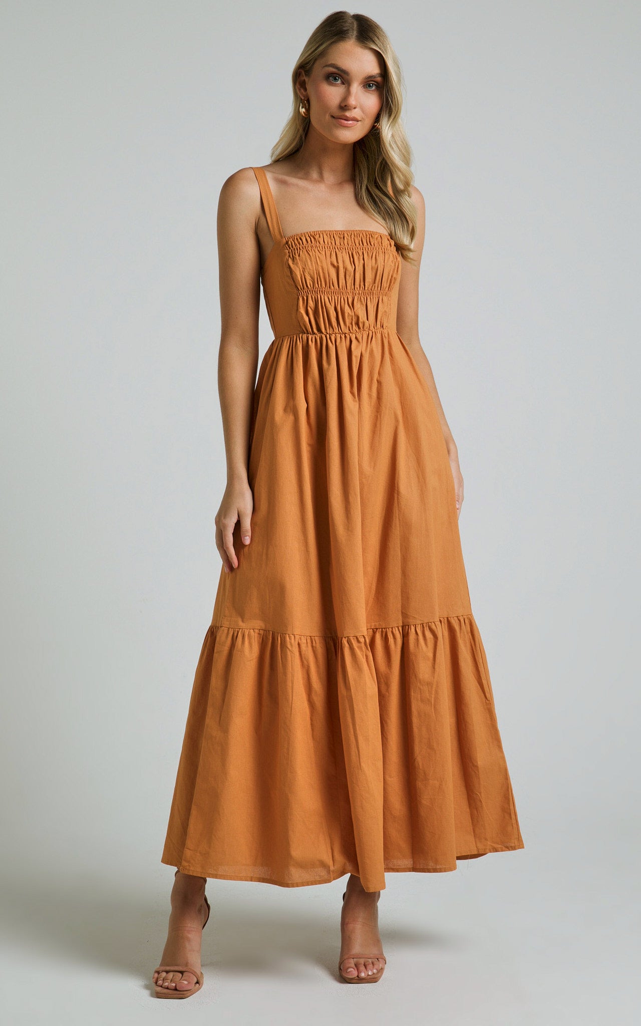 Mauree Maxi Dress - Straight Sleeveless Tiered Dress in Caramel