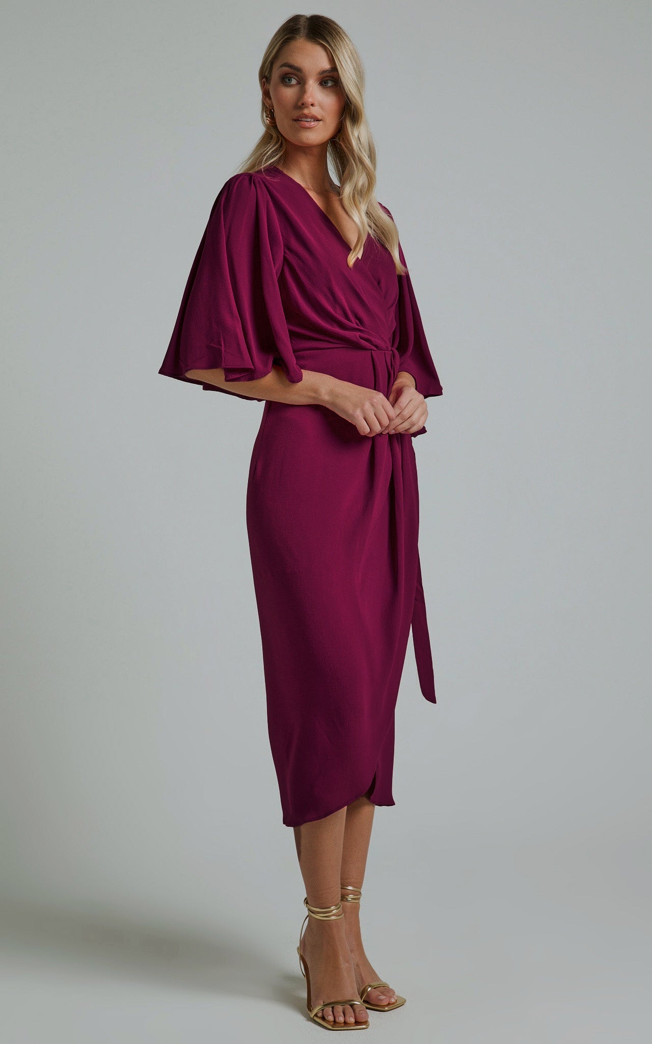 Meagan Midi Dress - V Neck Flutter Sleeve Pleated Detail Wrap in Aubergine