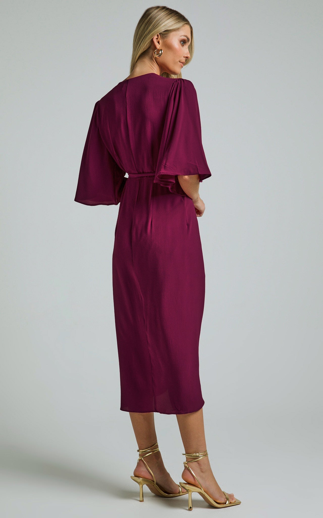 Meagan Midi Dress - V Neck Flutter Sleeve Pleated Detail Wrap in Aubergine
