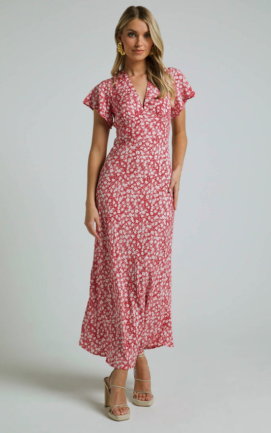 Rosalee Midi Dress - V Neck Short Flutter Sleeve Back Tie A Line in Red Floral