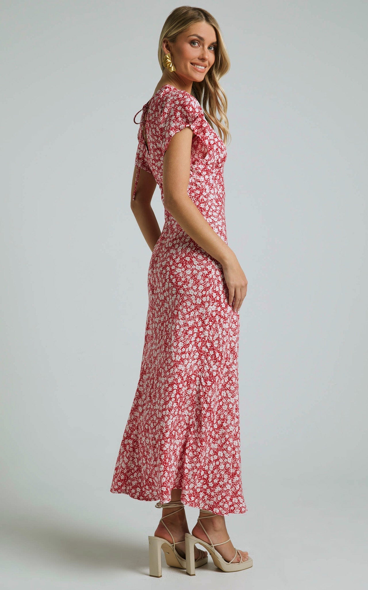 Rosalee Midi Dress - V Neck Short Flutter Sleeve Back Tie A Line in Red Floral