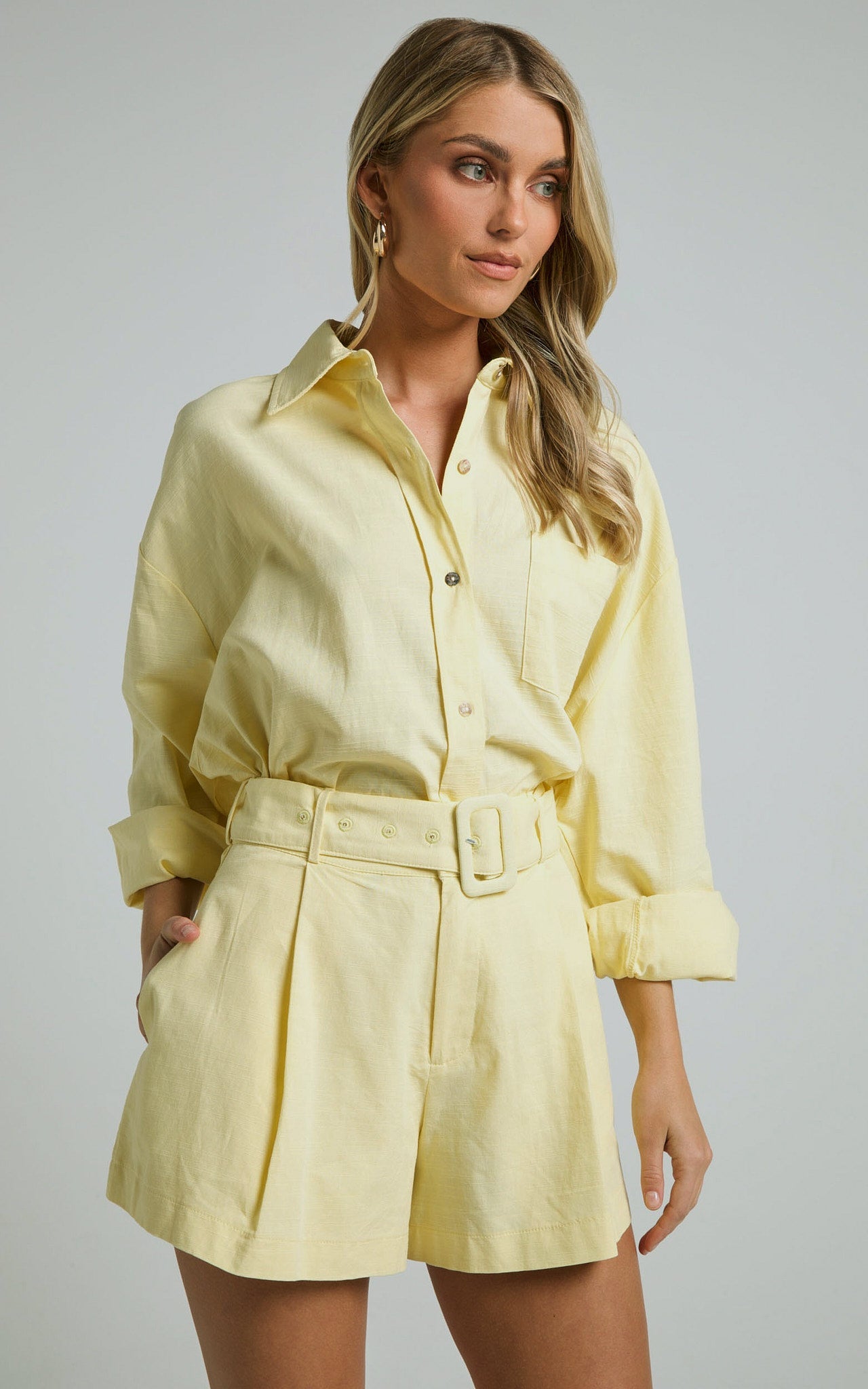 Seraphine Shorts - Linen High Waisted Belted Shorts in Lemon
