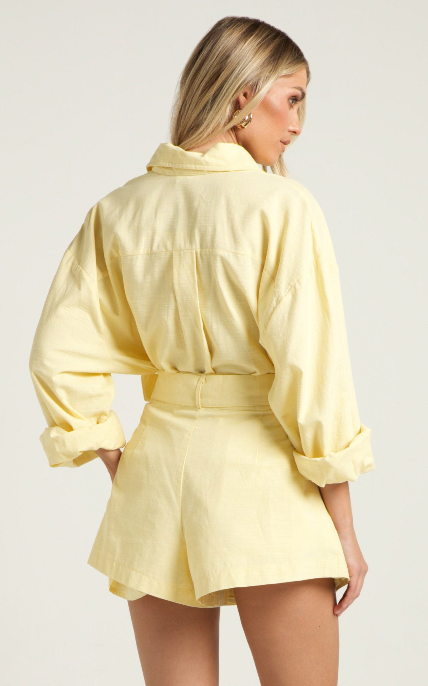 Seraphine Top - Linen Look Long Sleeve Oversized Collared Shirt in Lemon