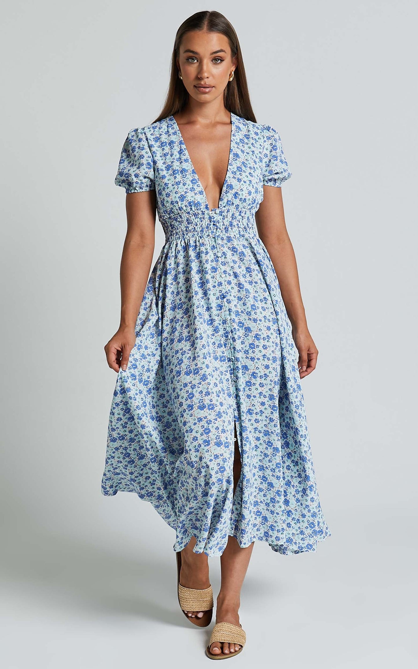 Leivia Midi Dress - Plunge Short Sleeve Shirred Waist in Blue Floral