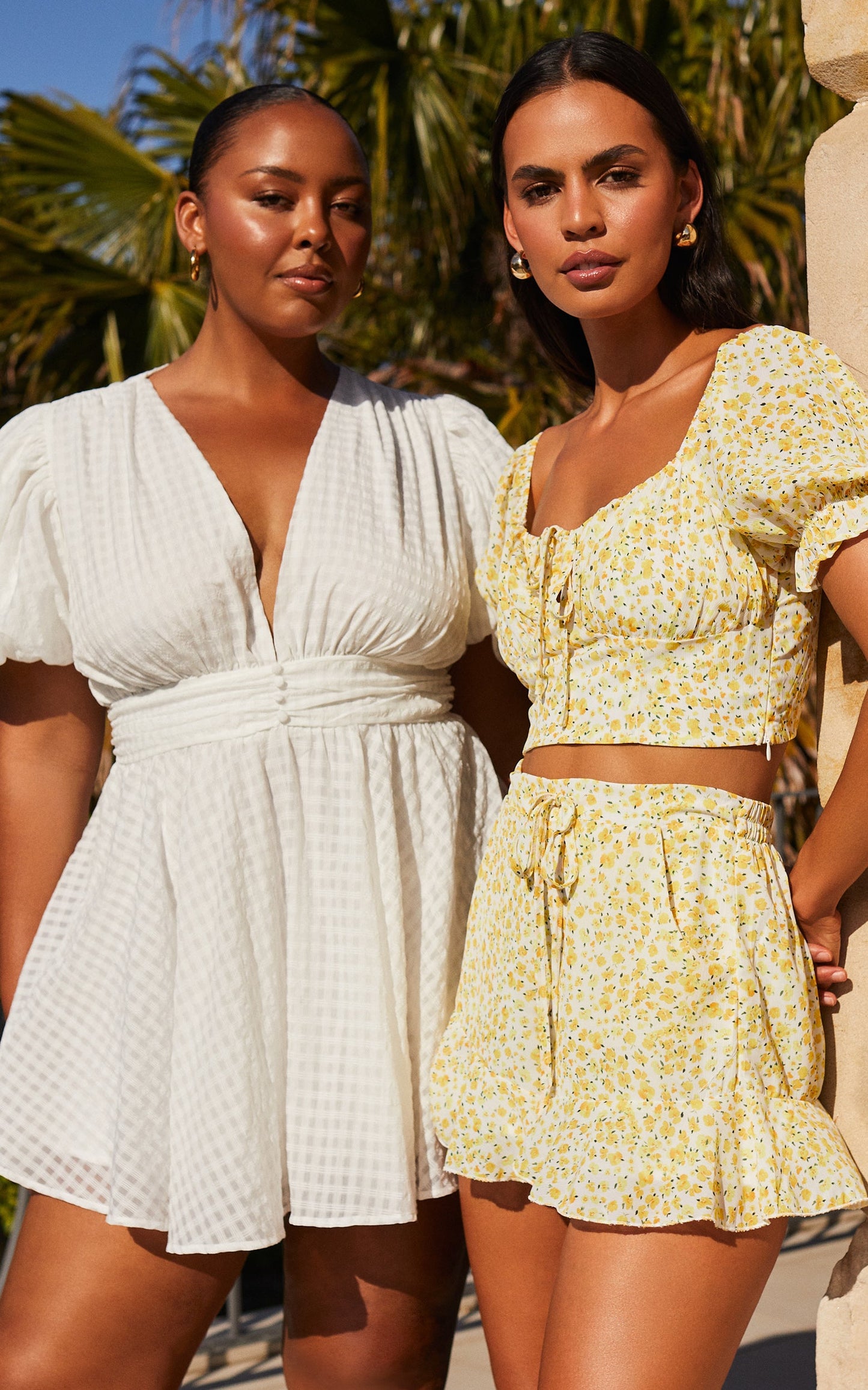 Xandy Mini Dress - Textured Puff Sleeve Plunge Dress in White