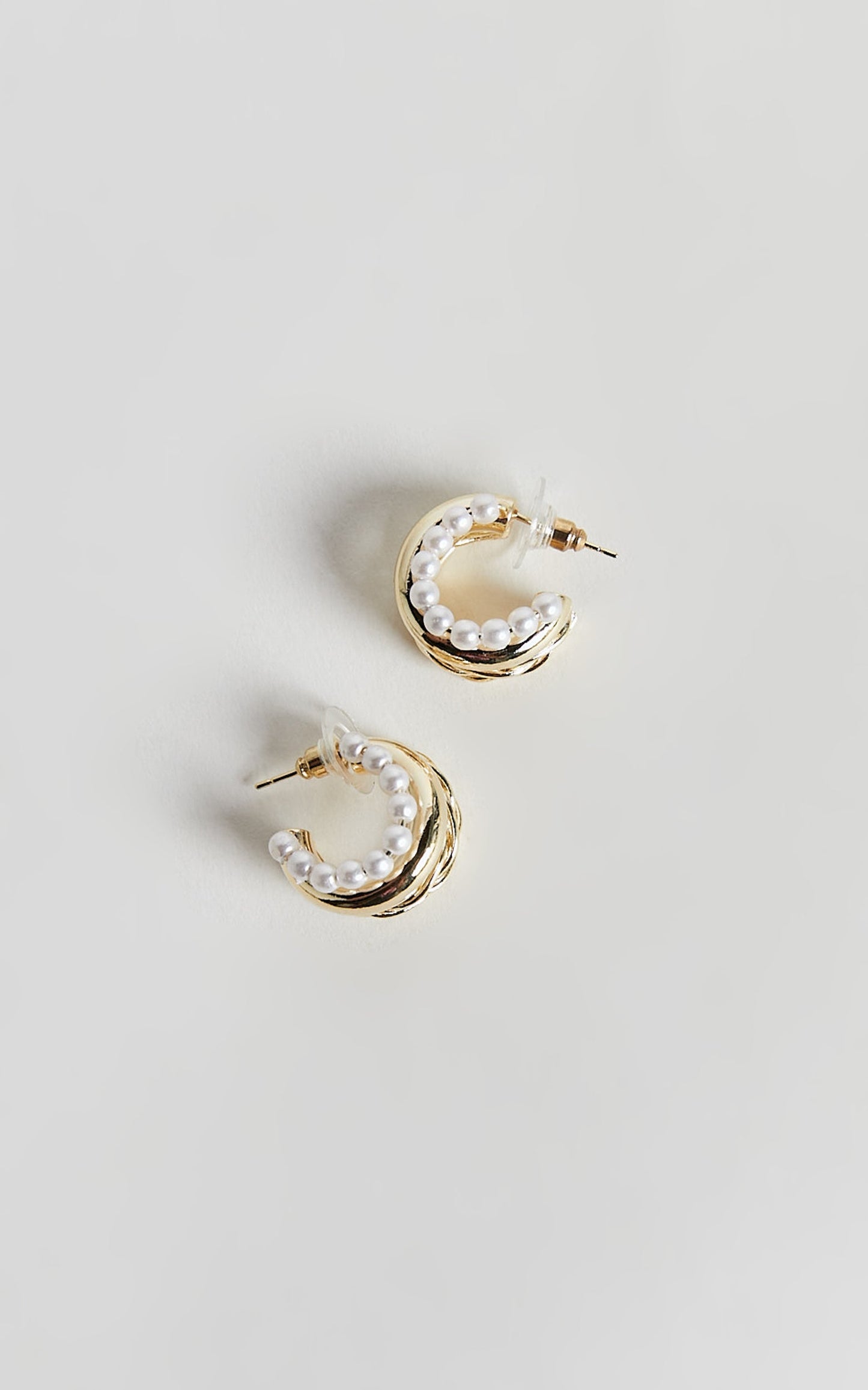 Edith Earrings - Triple Hoop Pearl Detail Earrings in Gold
