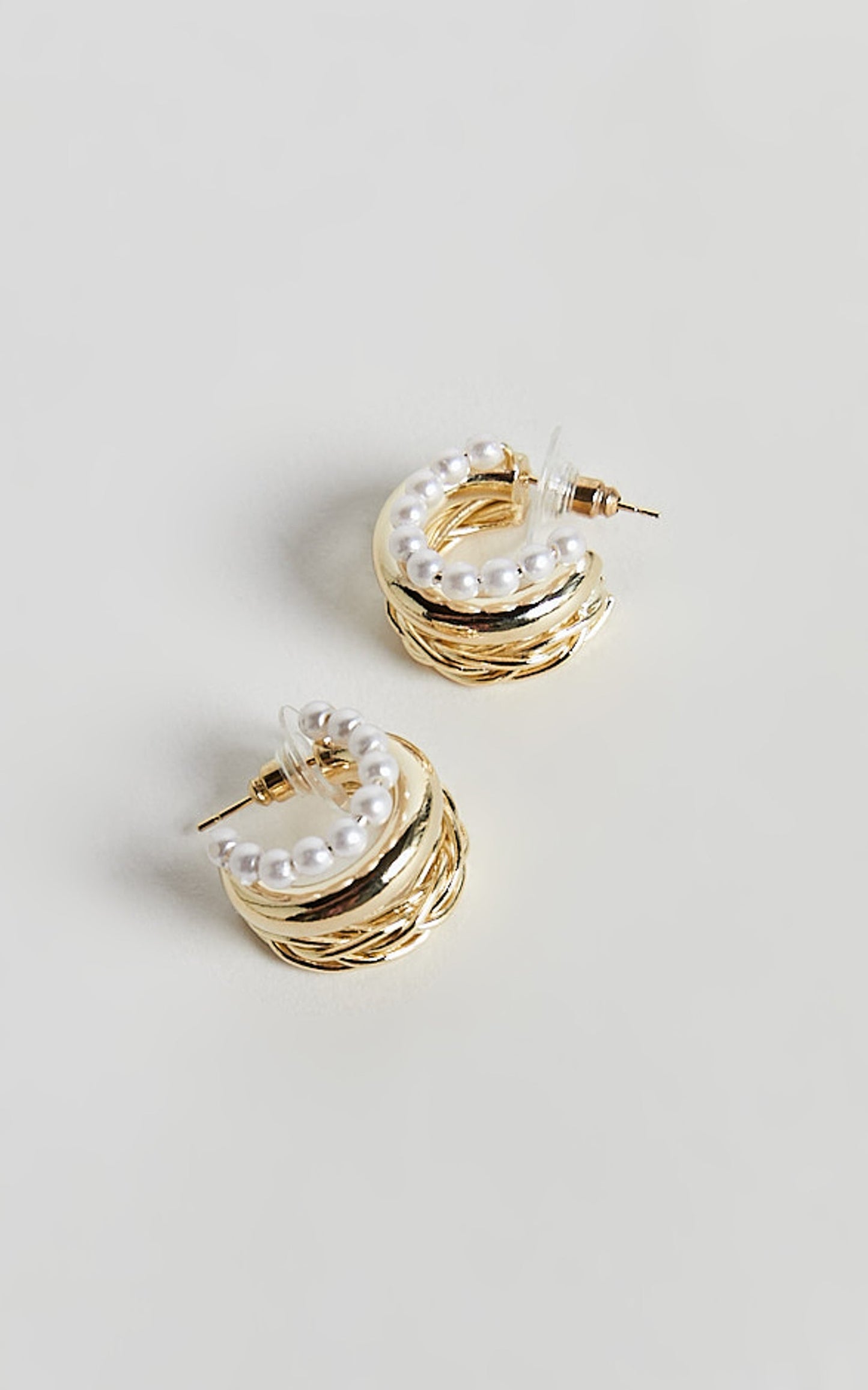 Edith Earrings - Triple Hoop Pearl Detail Earrings in Gold