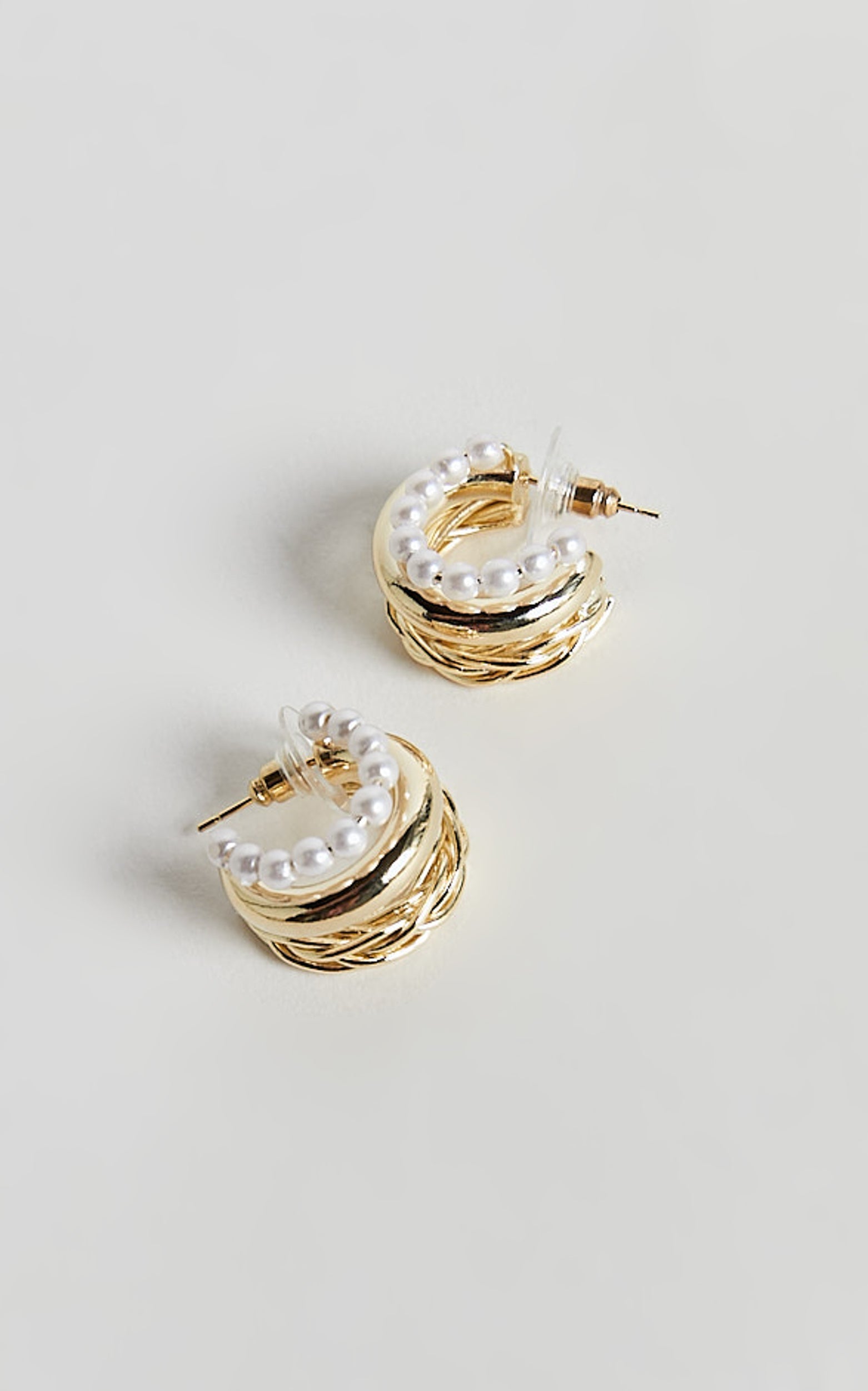 Edith Earrings - Triple Hoop Pearl Detail Earrings in Gold