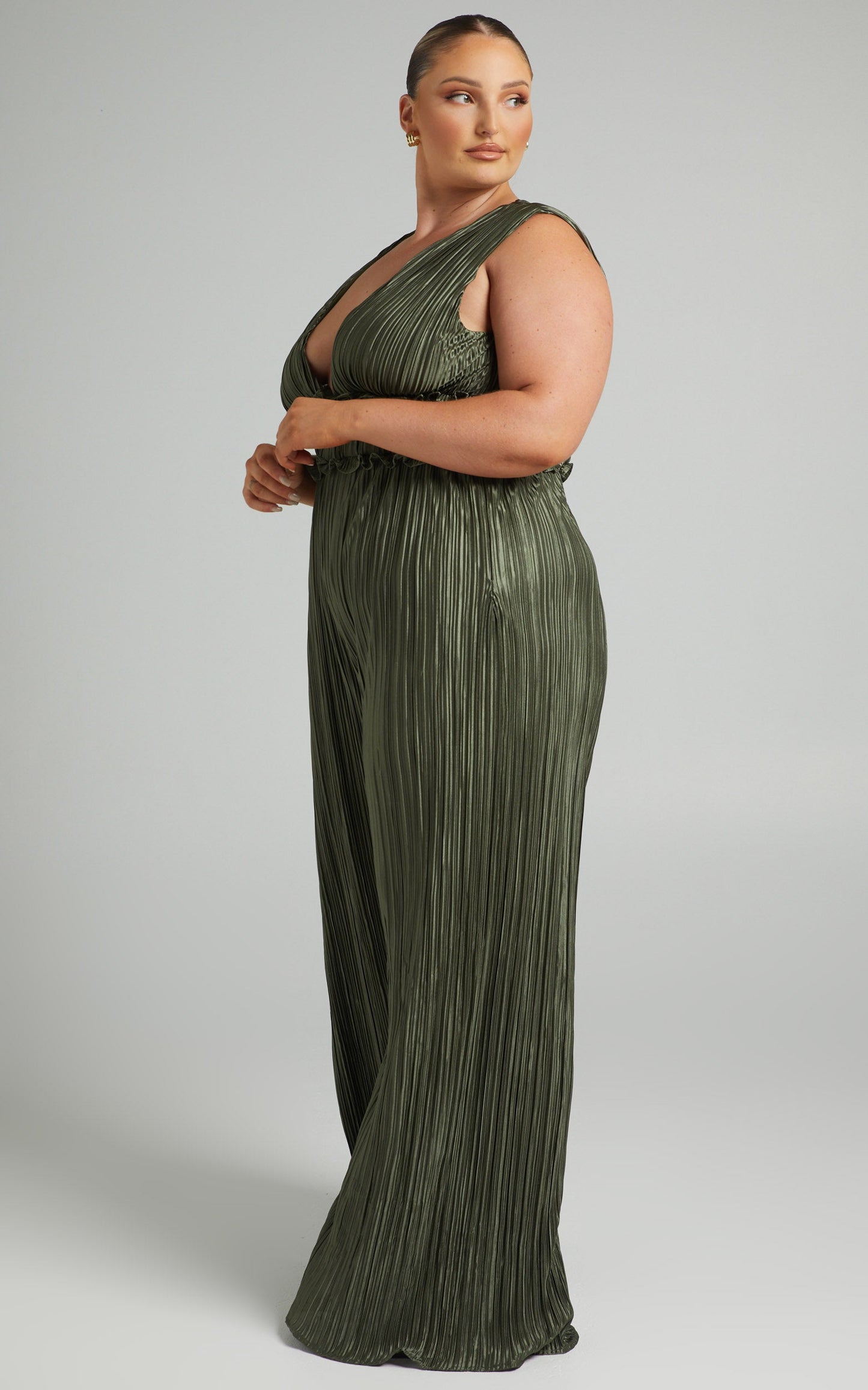Armida Jumpsuit - Plunge Neck Wide Leg Plisse Jumpsuit in Khaki