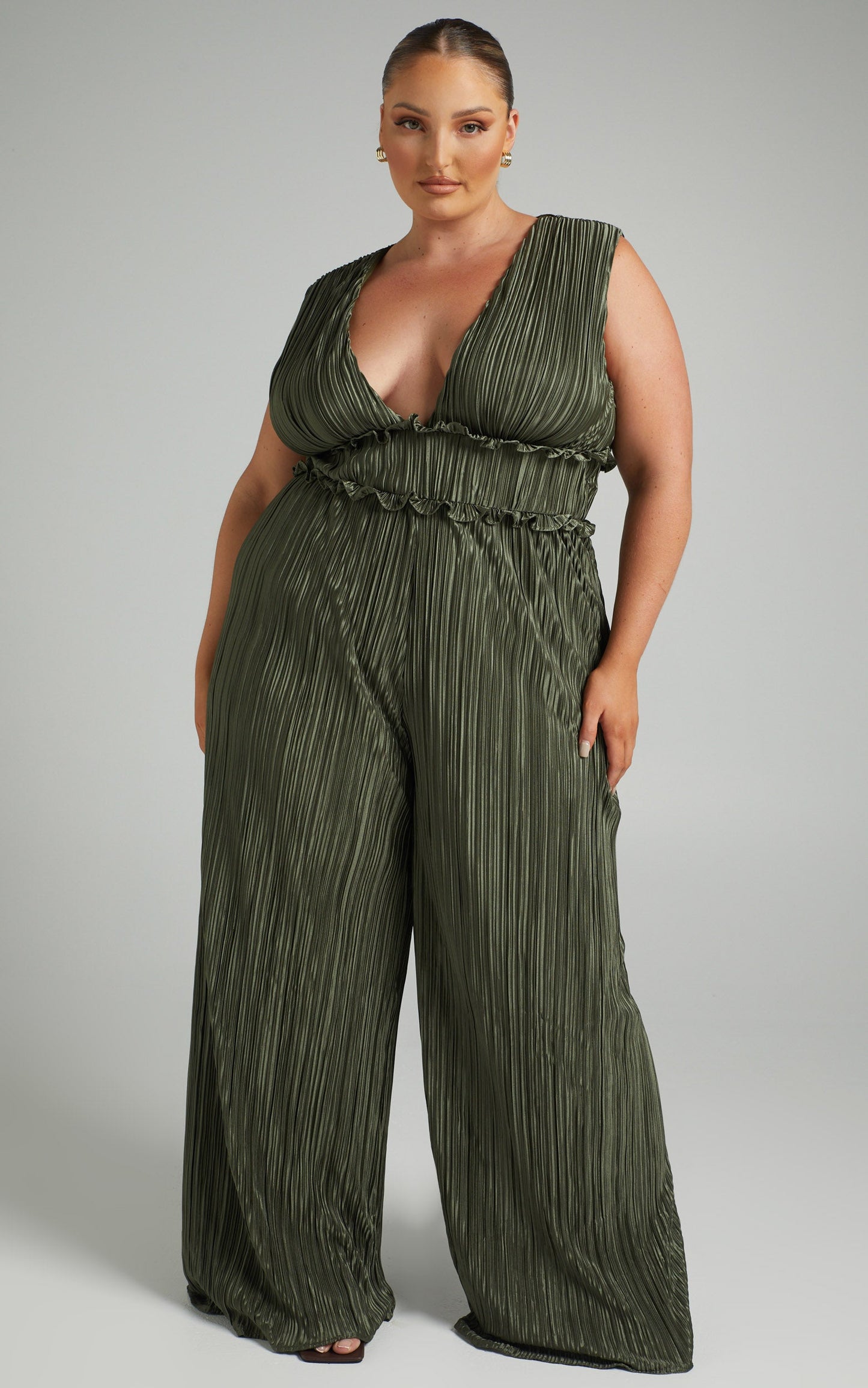 Armida Jumpsuit - Plunge Neck Wide Leg Plisse Jumpsuit in Khaki