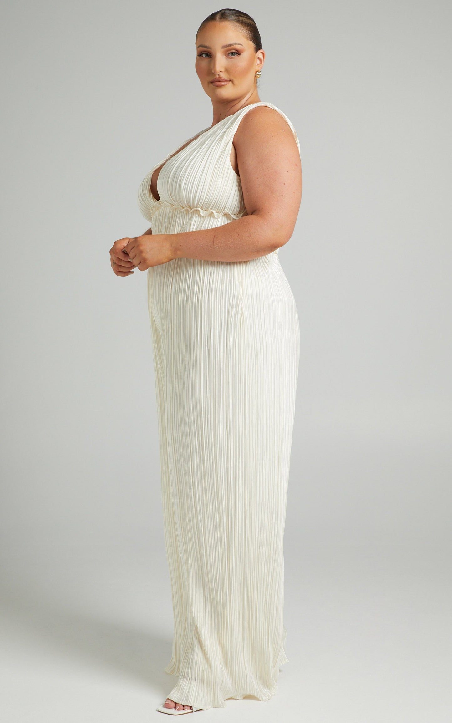 Armida Jumpsuit - Plunge Neck Wide Leg Plisse Jumpsuit in Cream