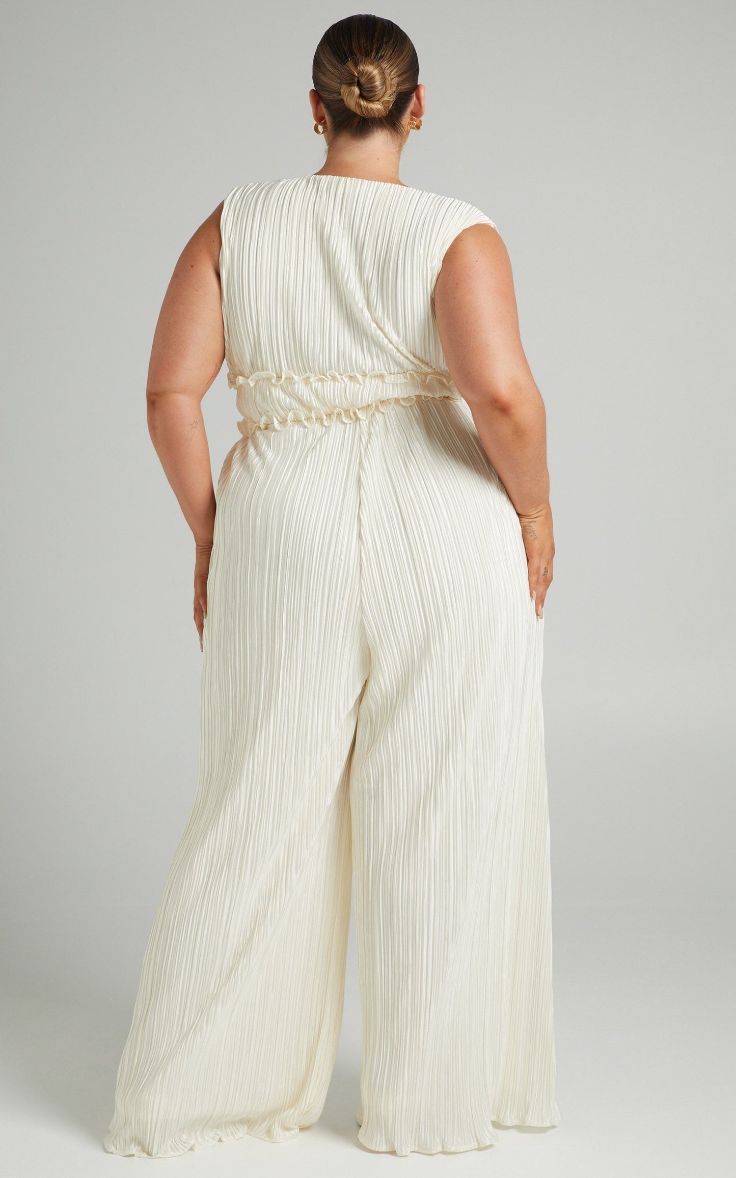 Armida Jumpsuit - Plunge Neck Wide Leg Plisse Jumpsuit in Cream