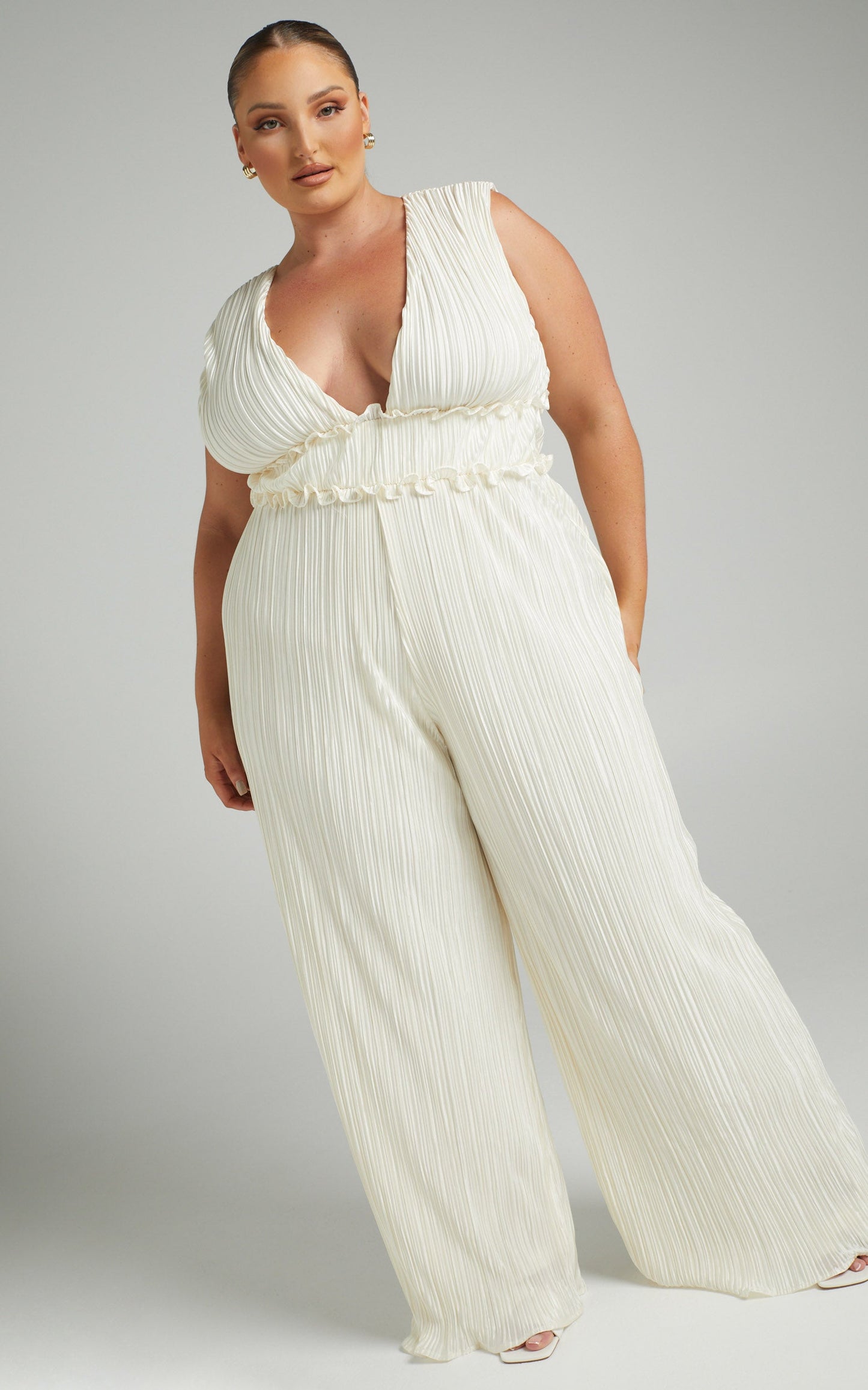 Armida Jumpsuit - Plunge Neck Wide Leg Plisse Jumpsuit in Cream