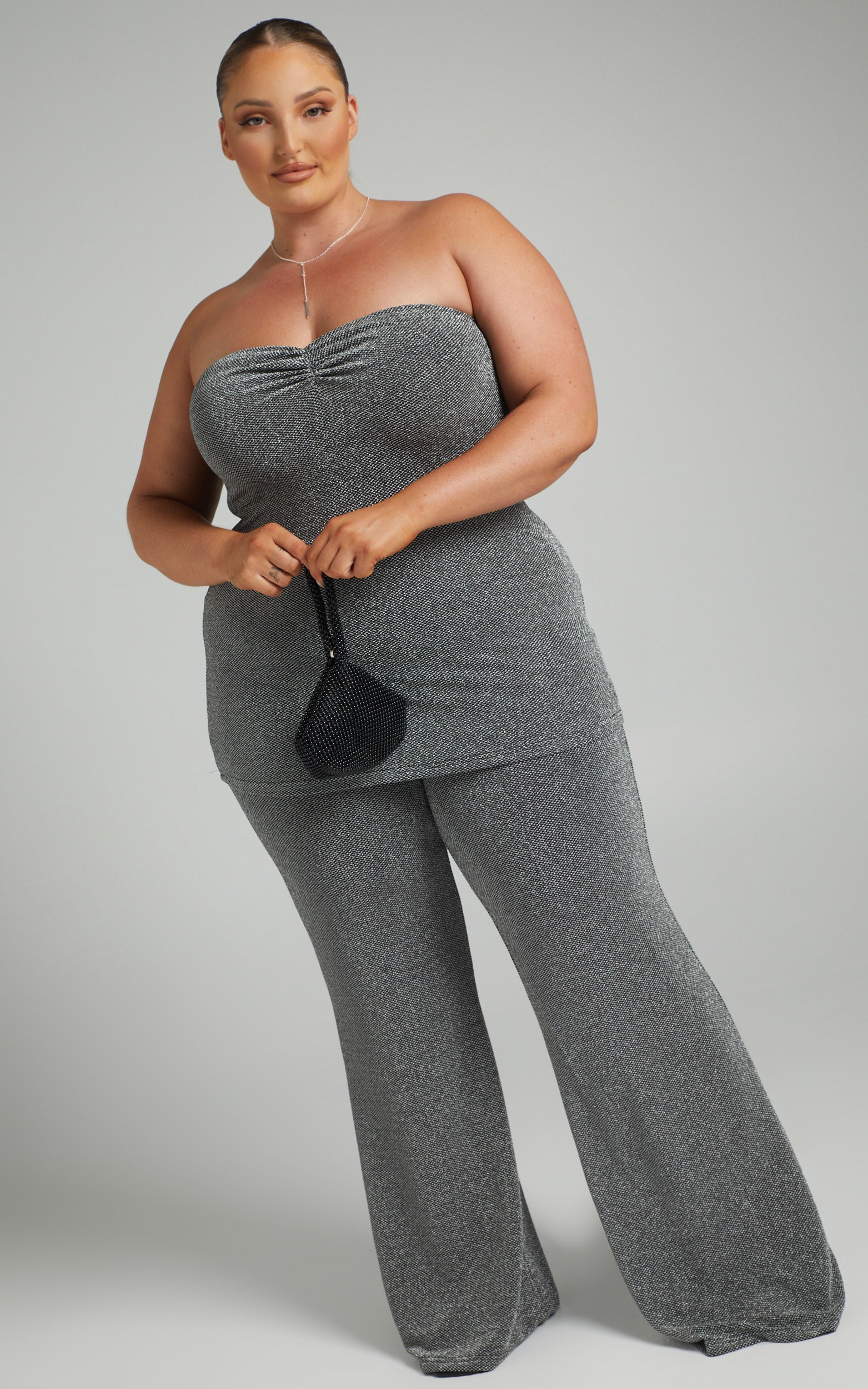 Nagaraya Top - Metallic Stretch Lurex Strapless Top in Black and Silver