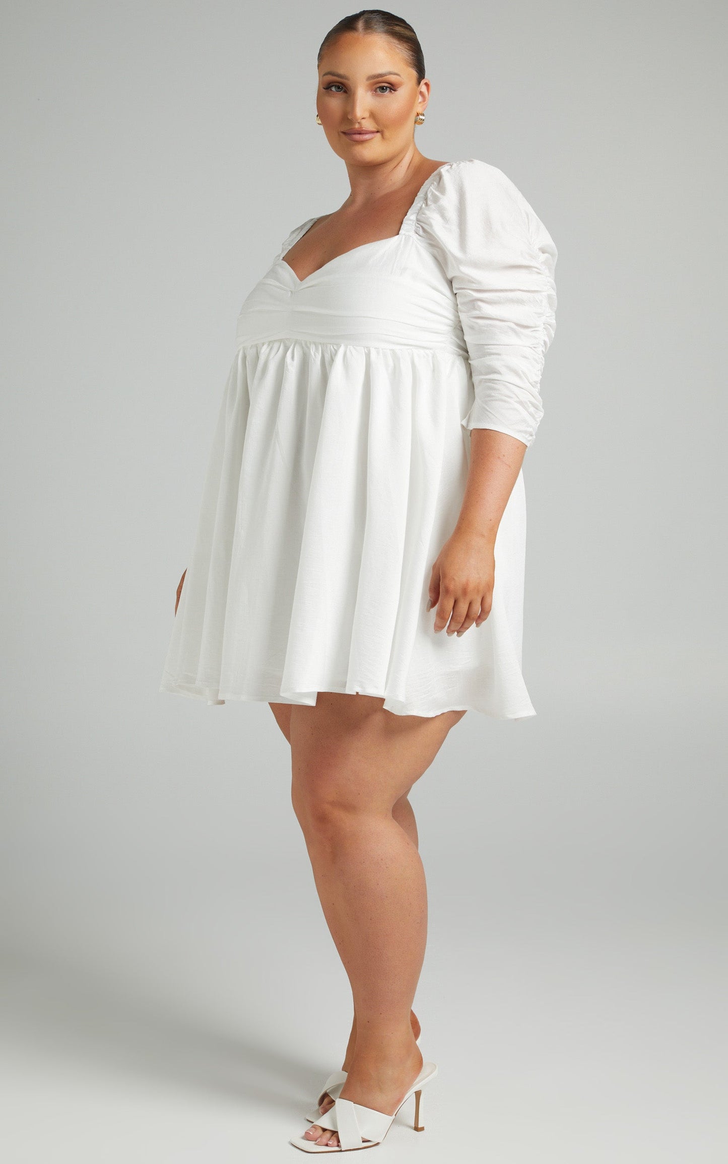 Gina Gathered Bodice Long Sleeves Mini Dress in White